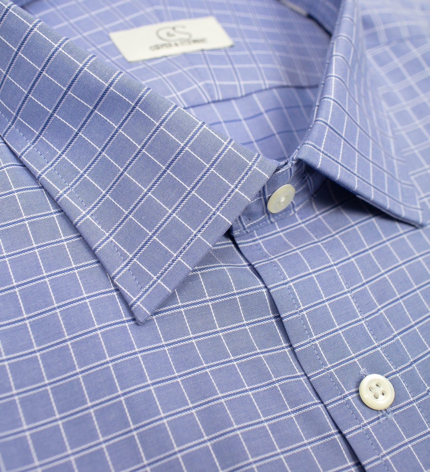 073 SC - Blue Satin Check Spread Collar Cooper and Stewart 