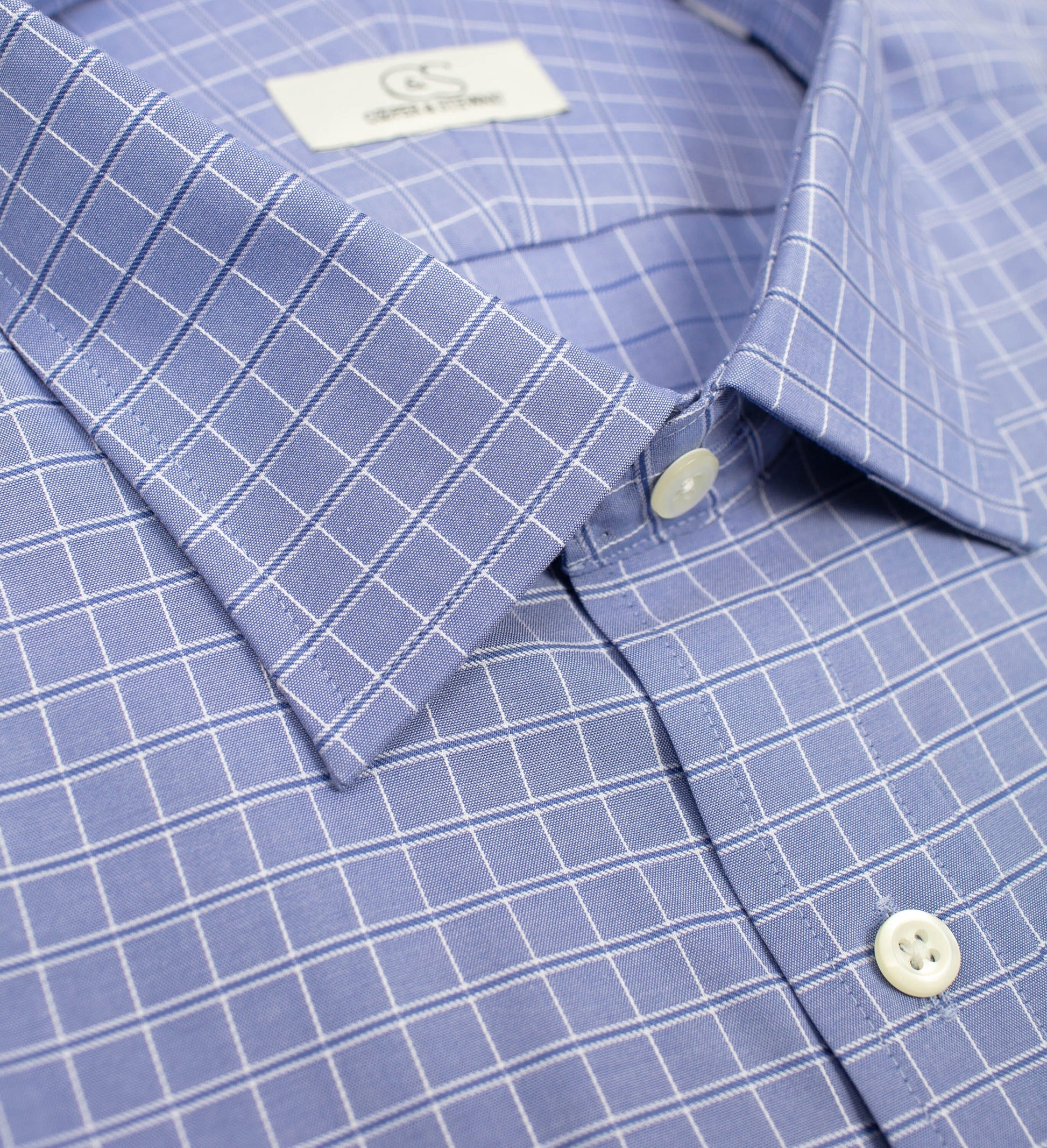 073 SC - Blue Satin Check Spread Collar Cooper and Stewart 