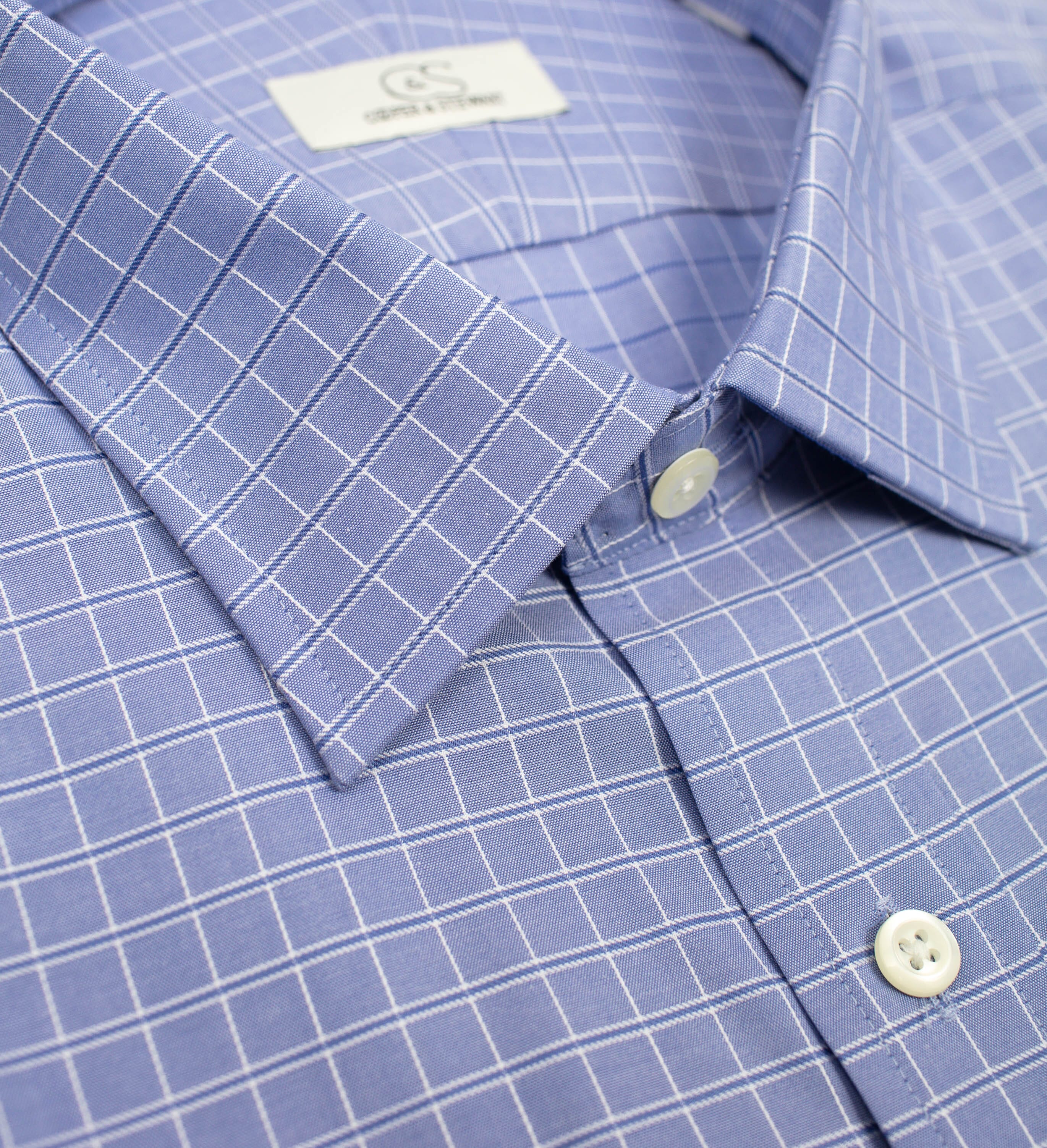 073 SC - Blue Satin Check Spread Collar Cooper and Stewart 