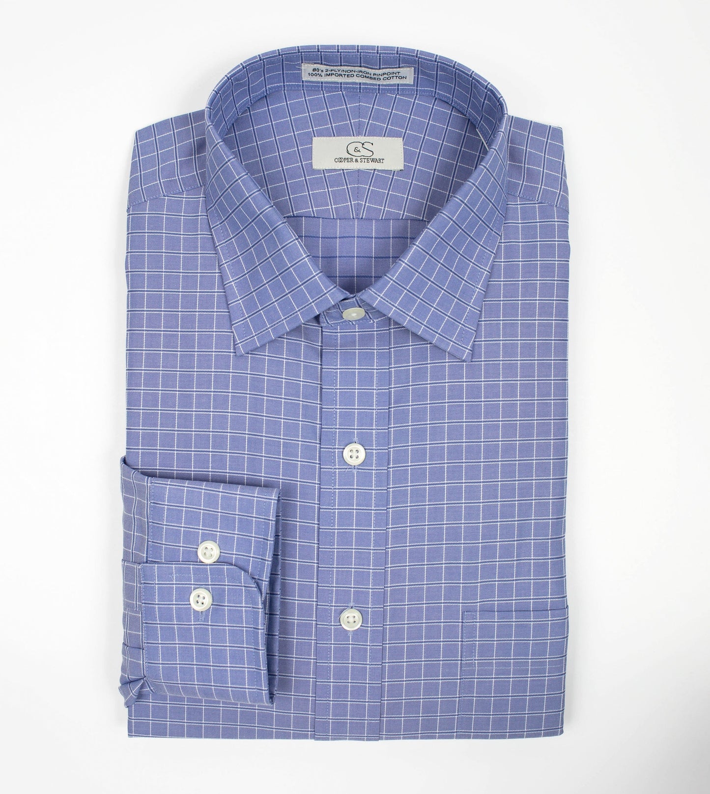 073 SC - Blue Satin Check Spread Collar Cooper and Stewart 