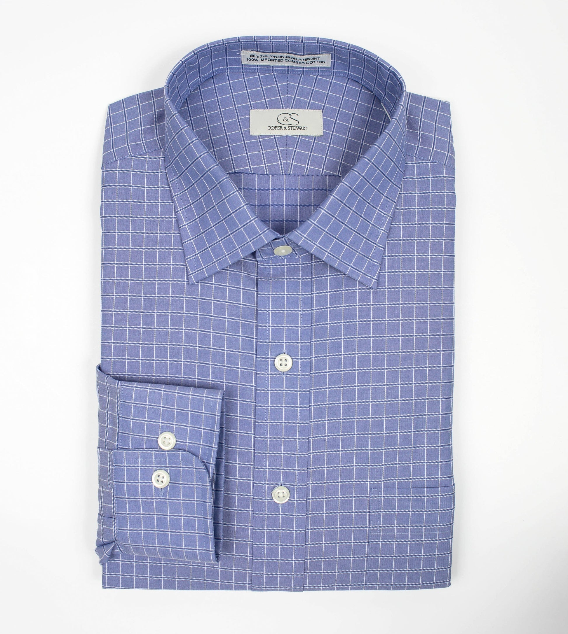 073 SC - Blue Satin Check Spread Collar Cooper and Stewart 