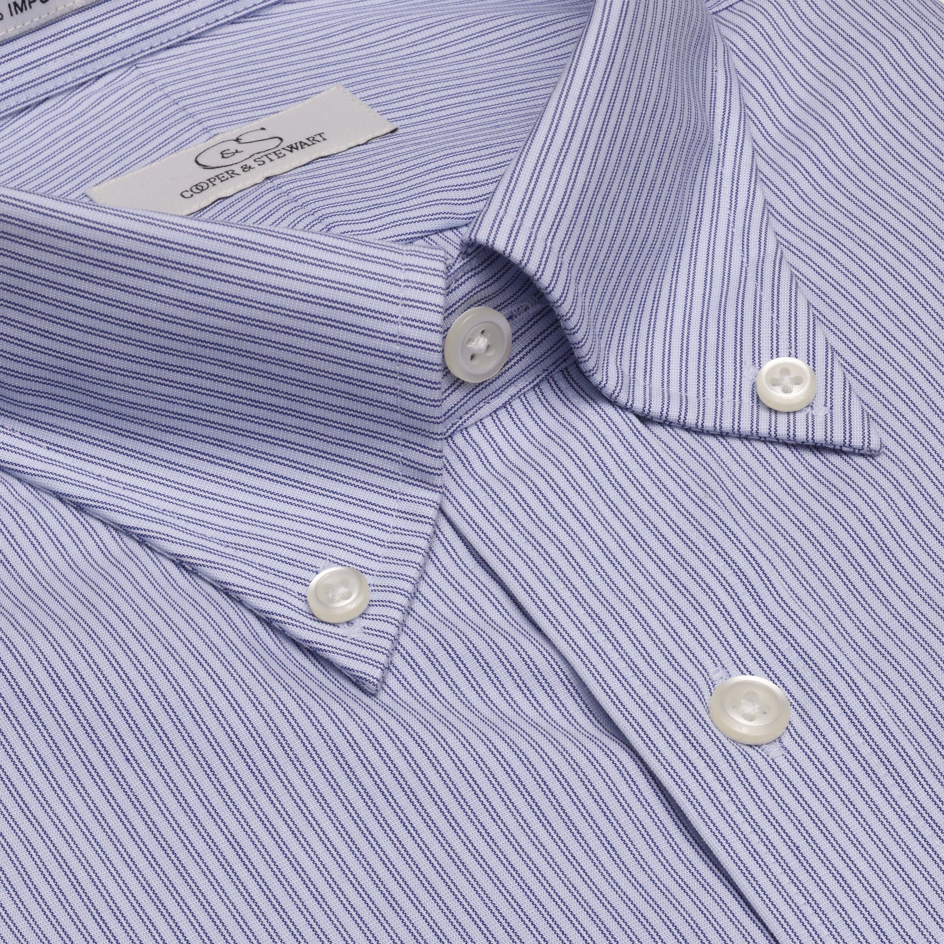 074 BD - Blue Double Line Stripe Button Down Collar Cooper and Stewart 