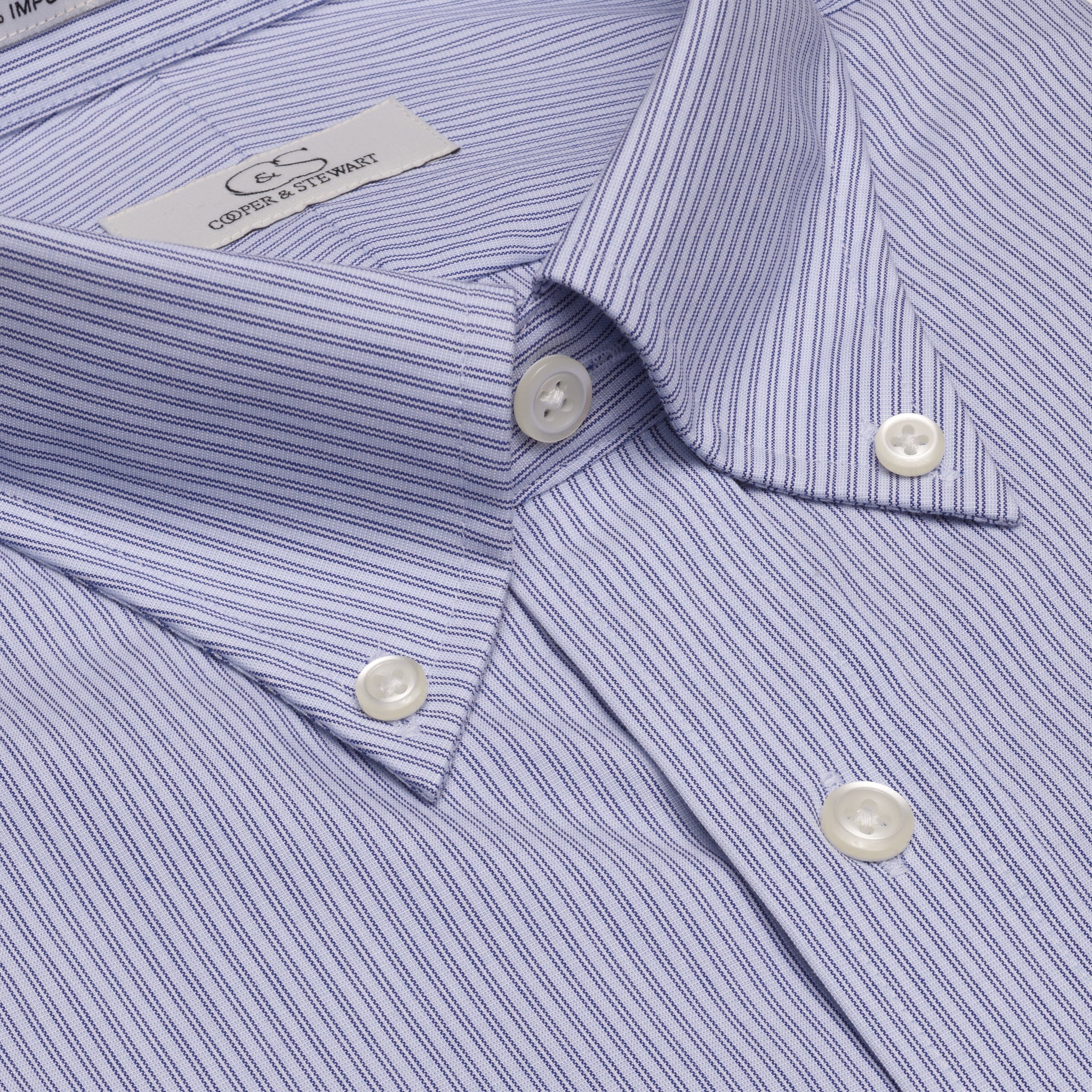 074 BD - Blue Double Line Stripe Button Down Collar Cooper and Stewart 