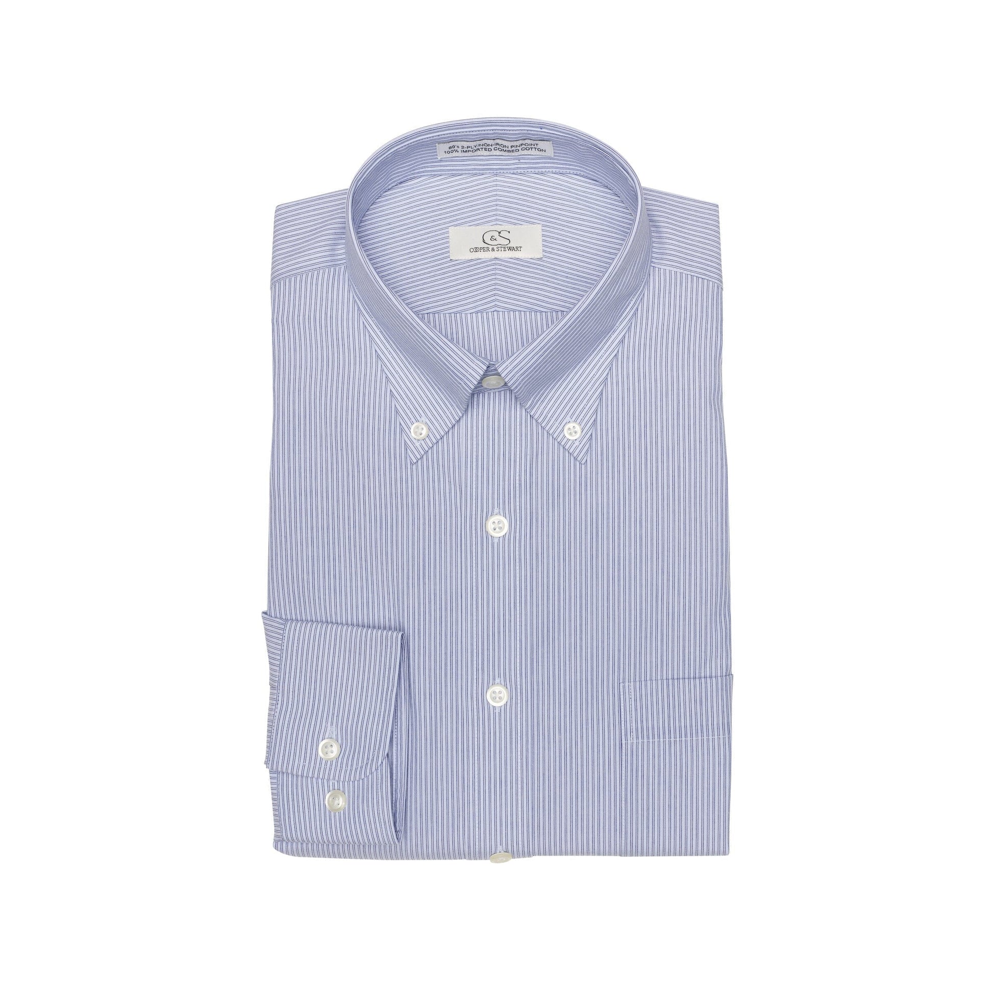 074 BD - Blue Double Line Stripe Button Down Collar Cooper and Stewart 