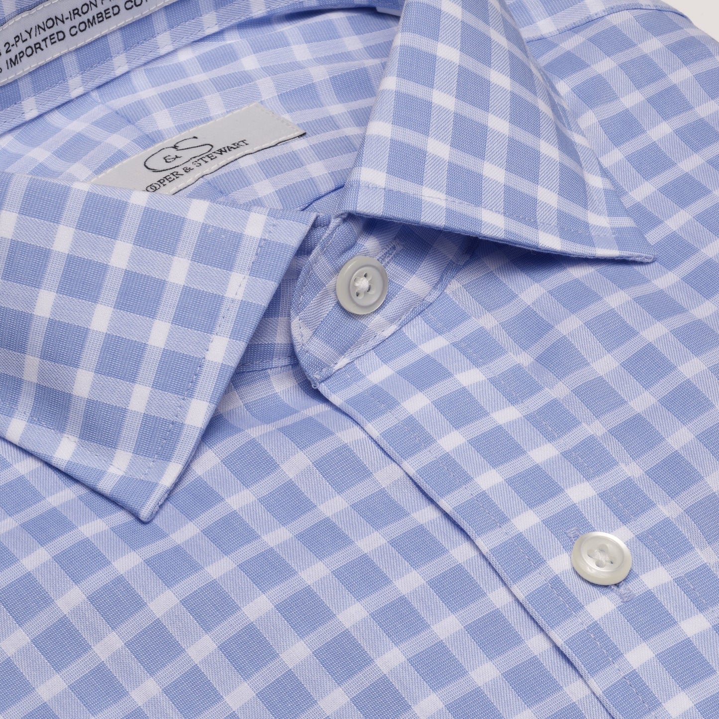 078 TF SC - Blue Text Dobby Check Tailored Fit Spread Collar Cooper and Stewart 