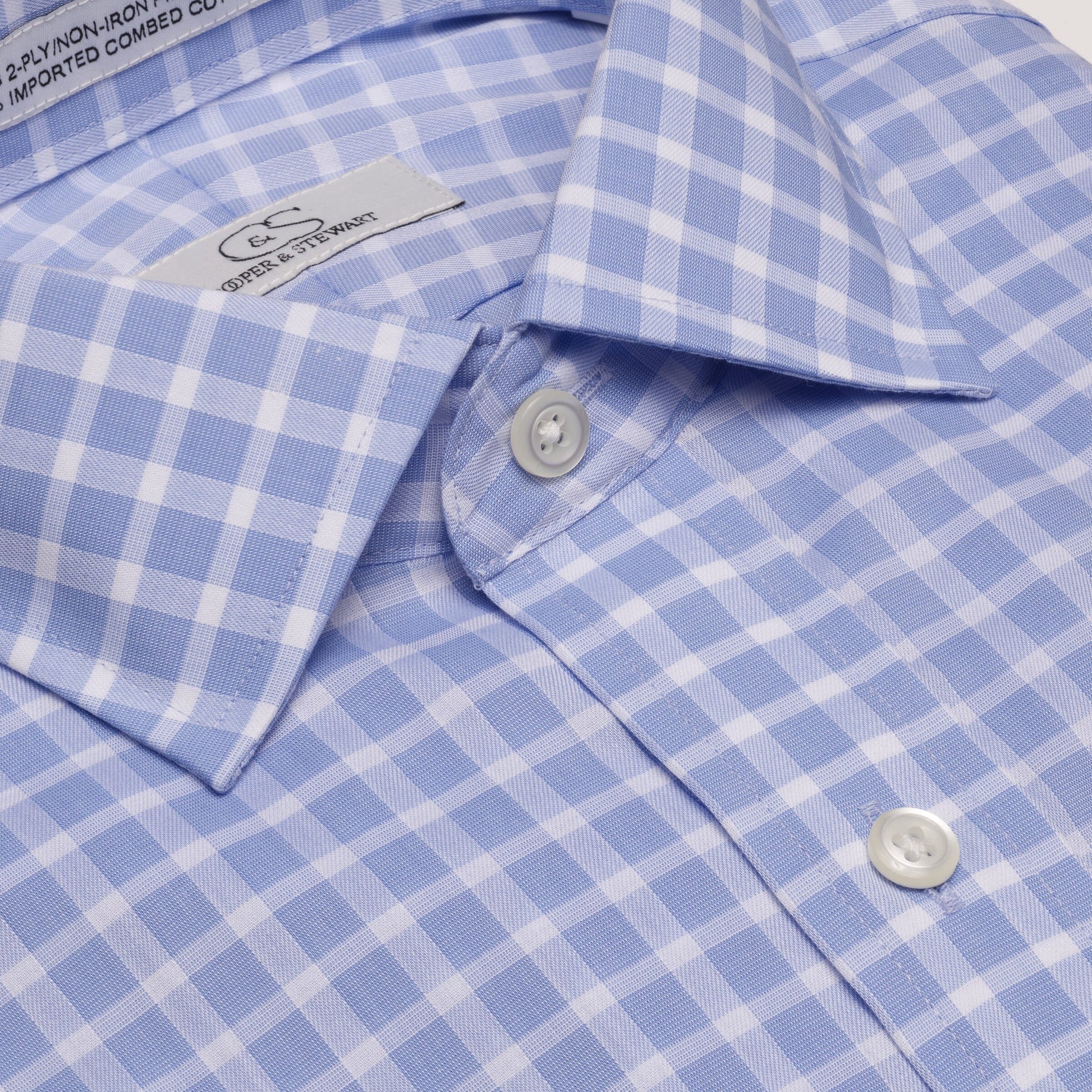 078 TF SC - Blue Text Dobby Check Tailored Fit Spread Collar Cooper and Stewart 