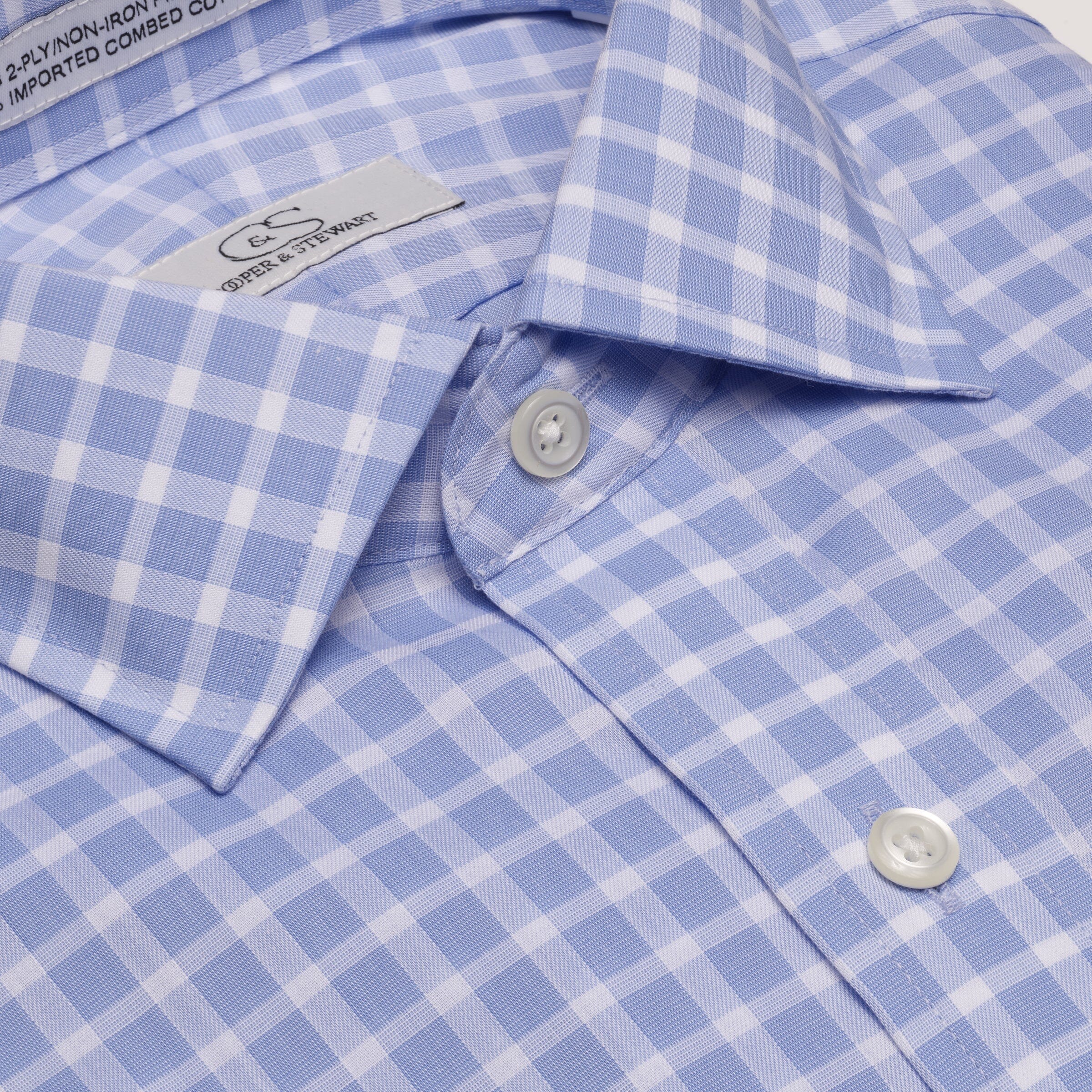 078 TF SC - Blue Text Dobby Check Tailored Fit Spread Collar Cooper and Stewart 