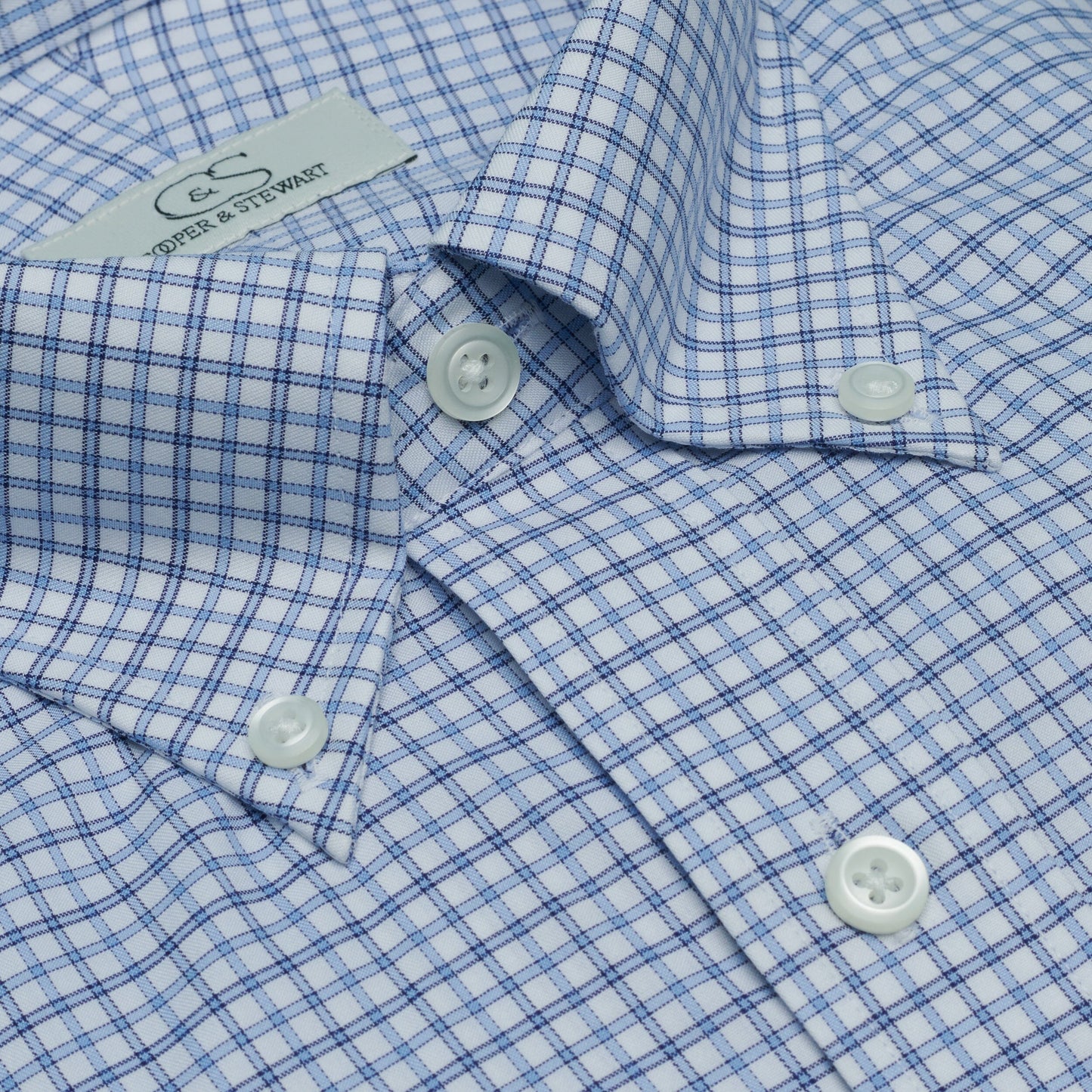 082 BD - White Ground Blue Plaid Button Down Collar Cooper and Stewart 