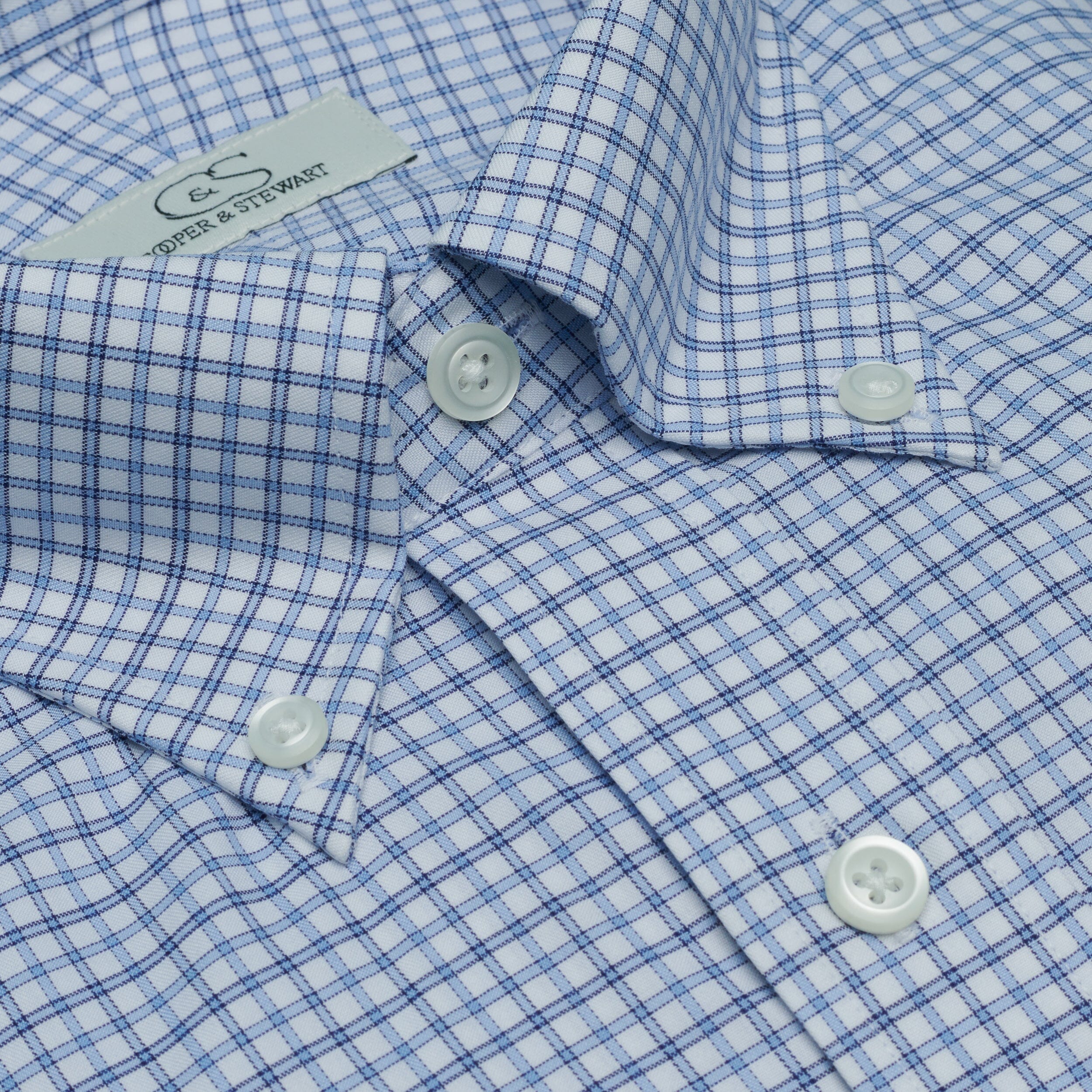 082 BD - White Ground Blue Plaid Button Down Collar Cooper and Stewart 