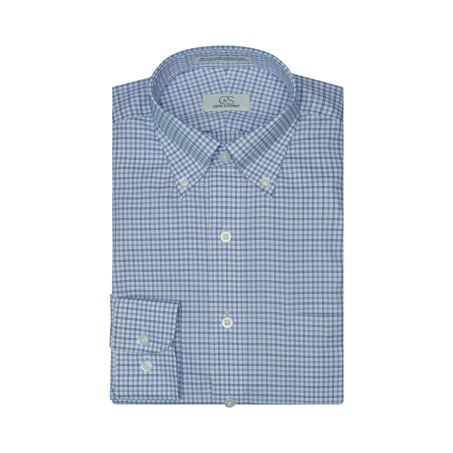 082 BD - White Ground Blue Plaid Button Down Collar Cooper and Stewart 