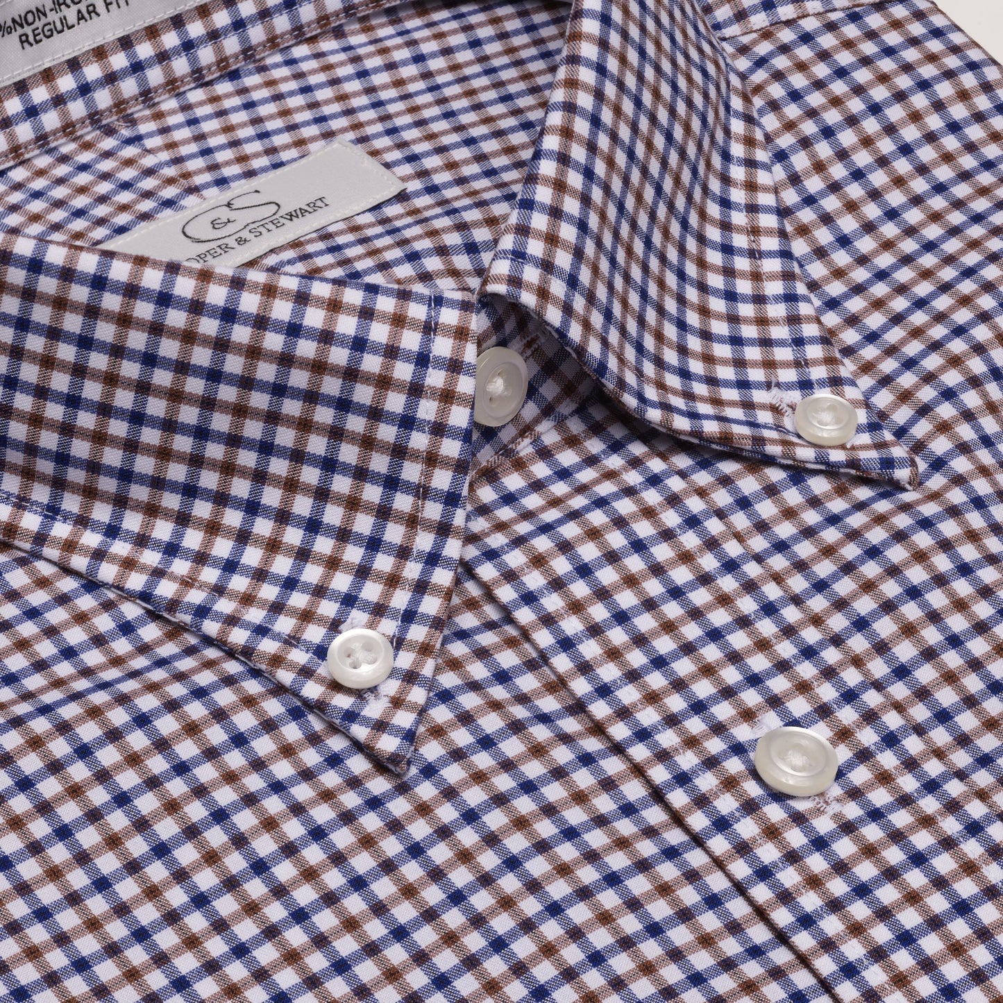 083 TF BD - Blue & Tan Check Tailored Fit Button Down Collar Cooper and Stewart 
