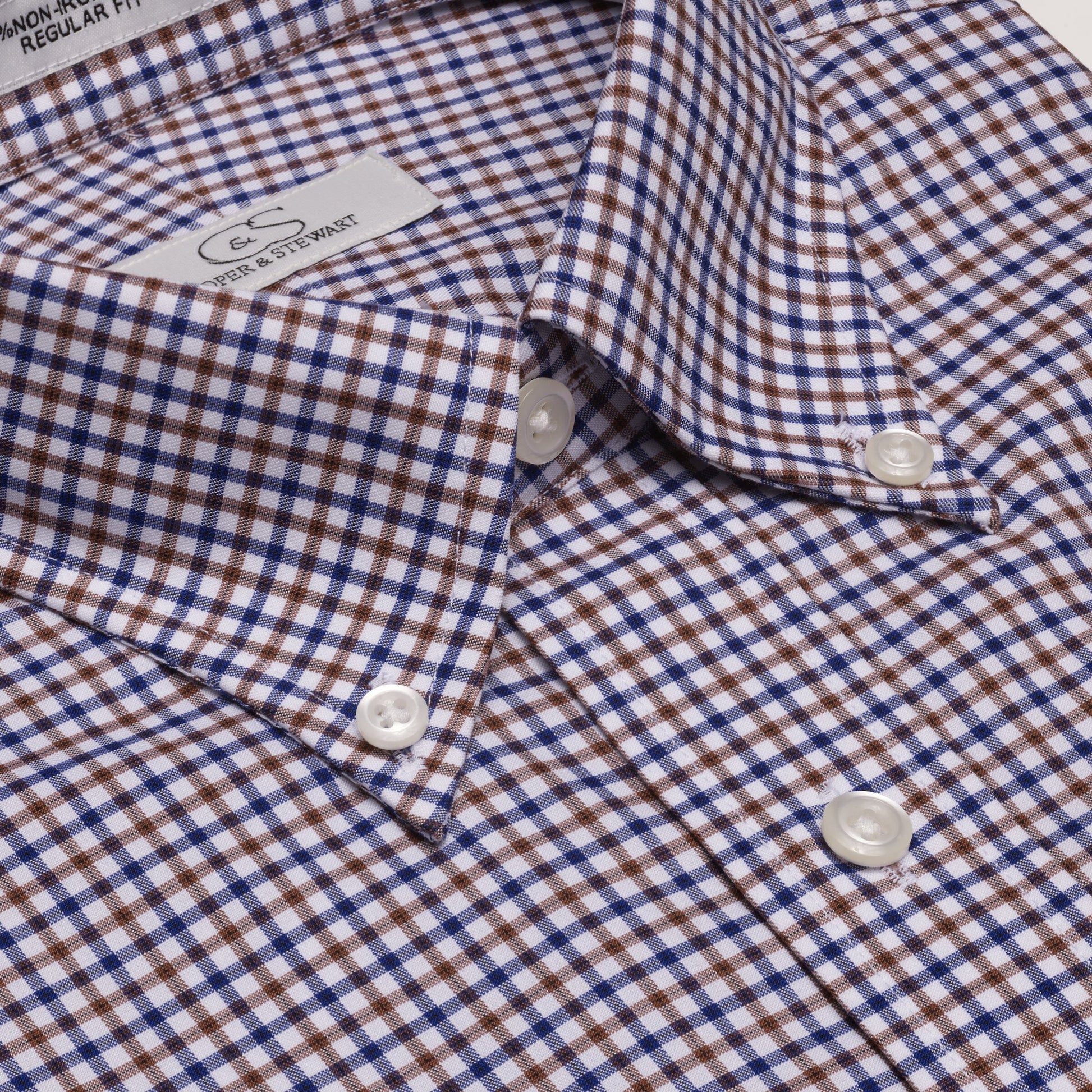 083 TF BD - Blue & Tan Check Tailored Fit Button Down Collar Cooper and Stewart 