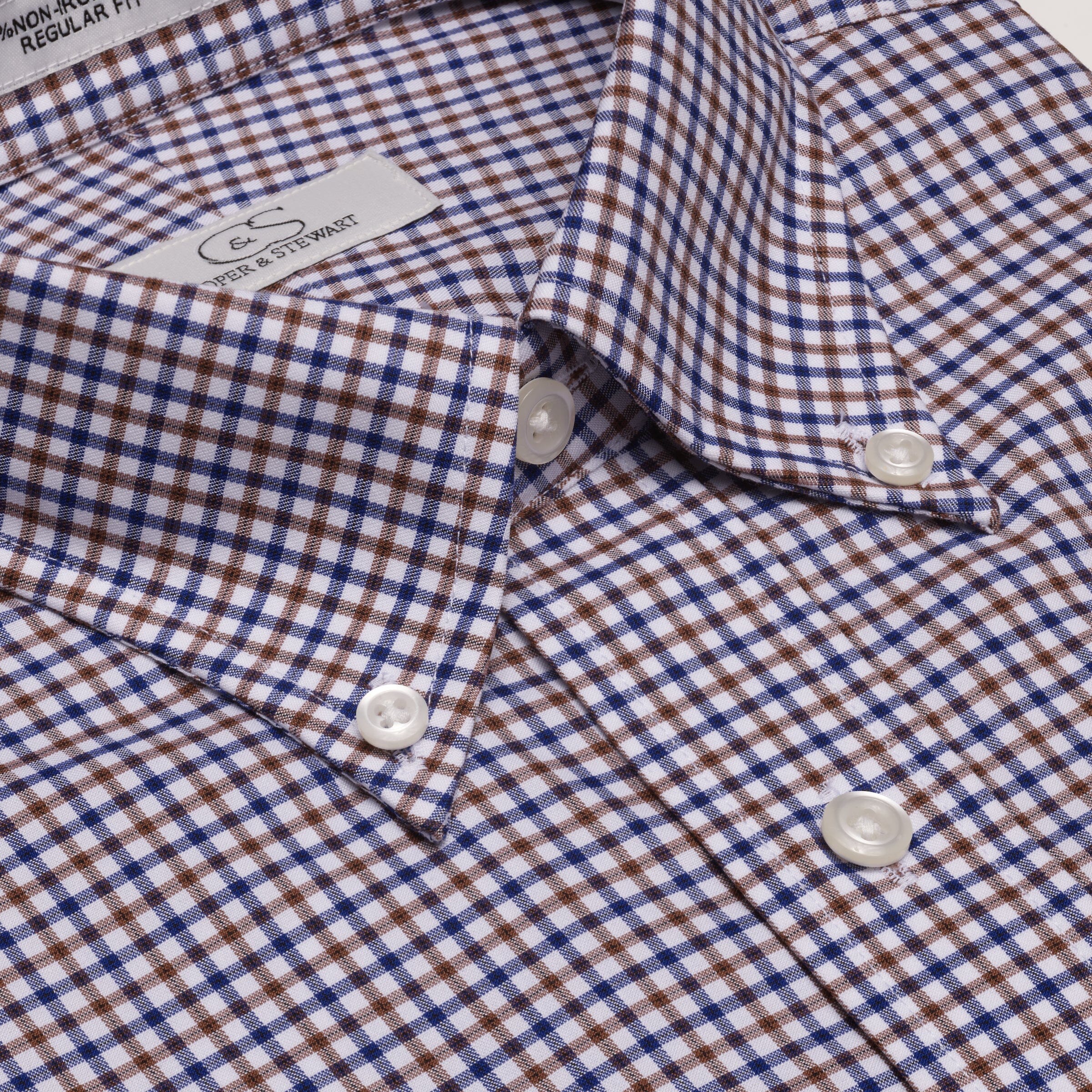 083 TF BD - Blue & Tan Check Tailored Fit Button Down Collar Cooper and Stewart 