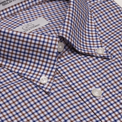 083 TF BD - Blue & Tan Check Tailored Fit Button Down Collar Cooper and Stewart 