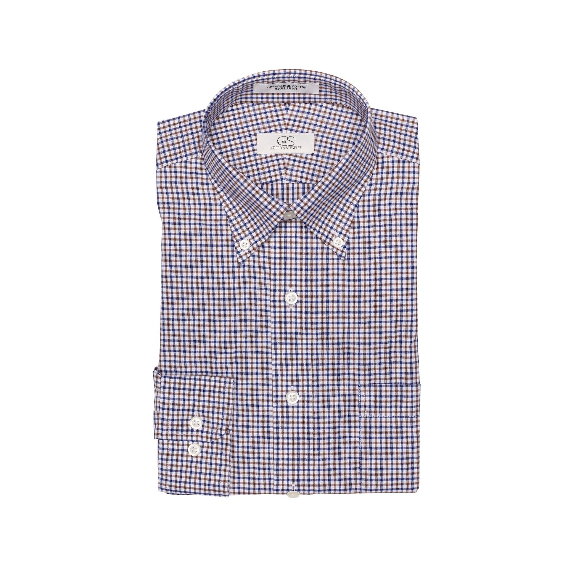 083 TF BD - Blue & Tan Check Tailored Fit Button Down Collar Cooper and Stewart 