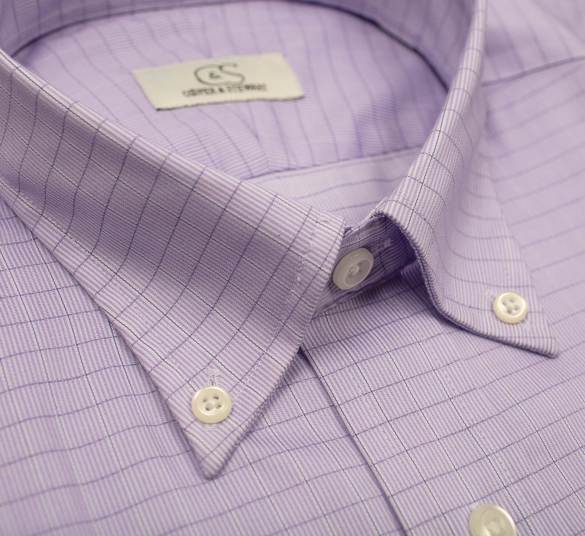 098 TF BD - Lavender Grid w/Overlay Check Tailored Fit Button Down Collar Cooper and Stewart 
