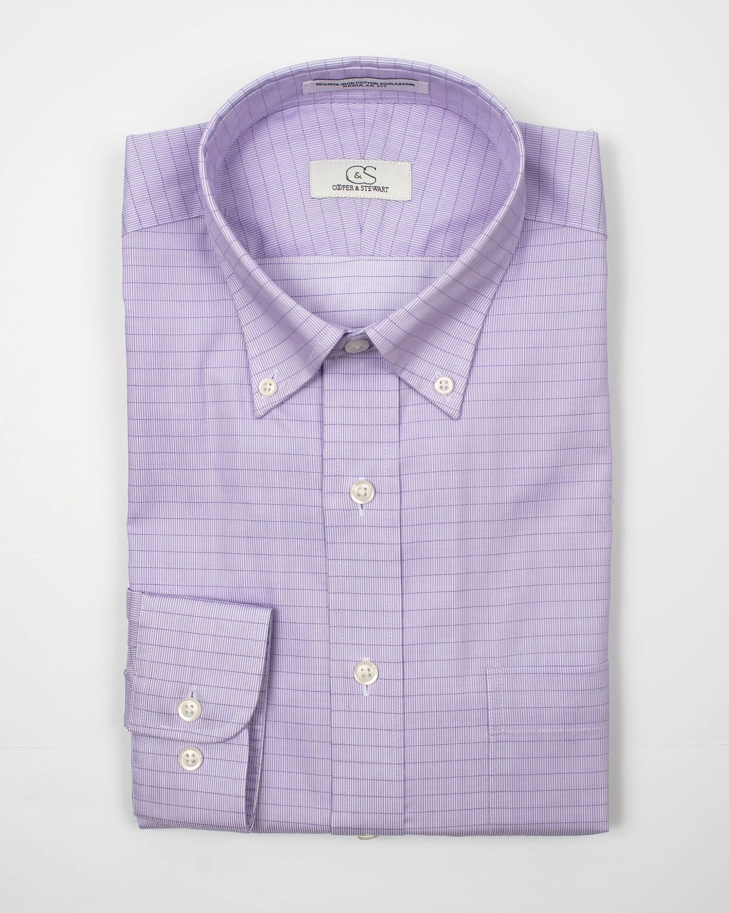 098 TF BD - Lavender Grid w/Overlay Check Tailored Fit Button Down Collar Cooper and Stewart 