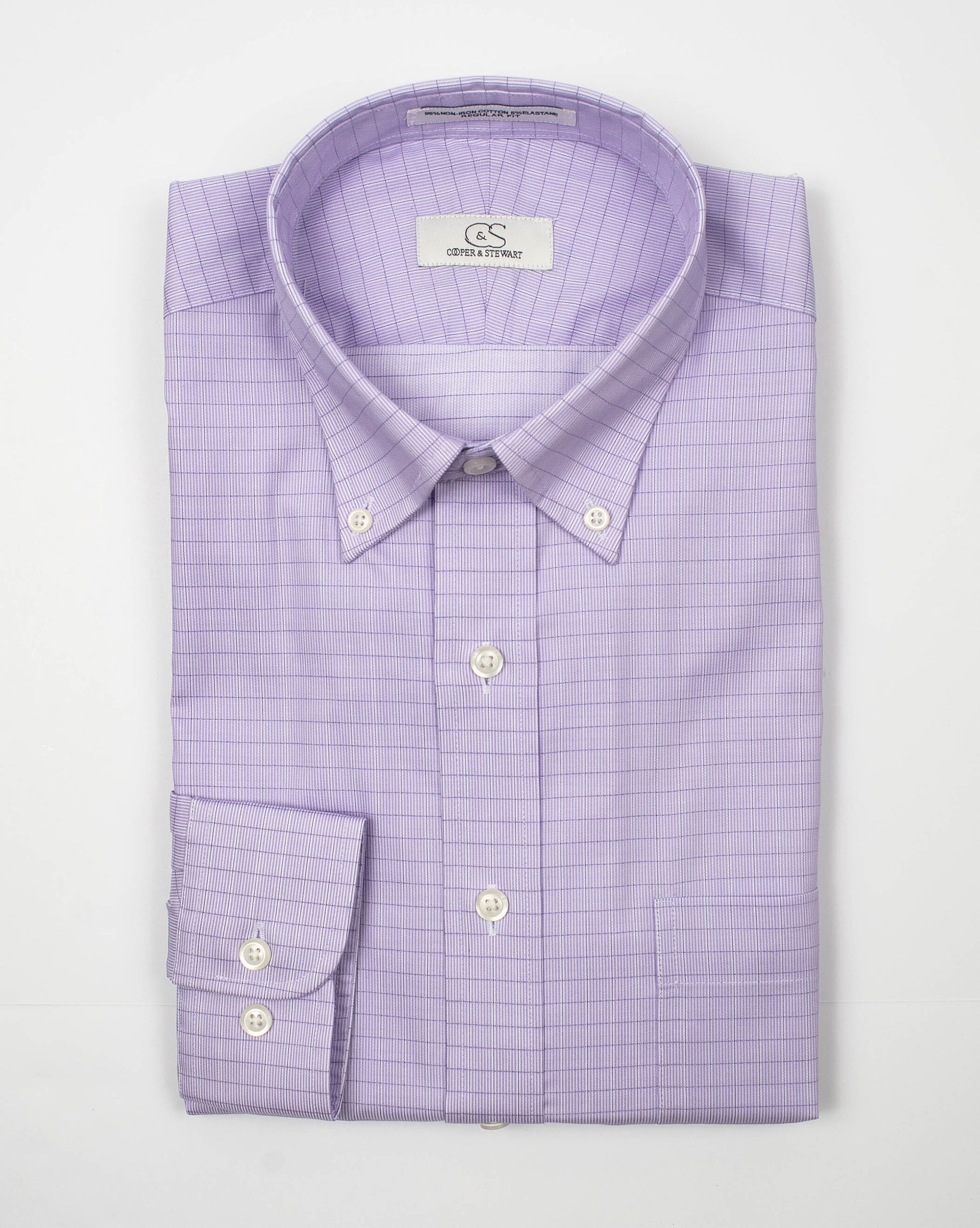 098 TF BD - Lavender Grid w/Overlay Check Tailored Fit Button Down Collar Cooper and Stewart 