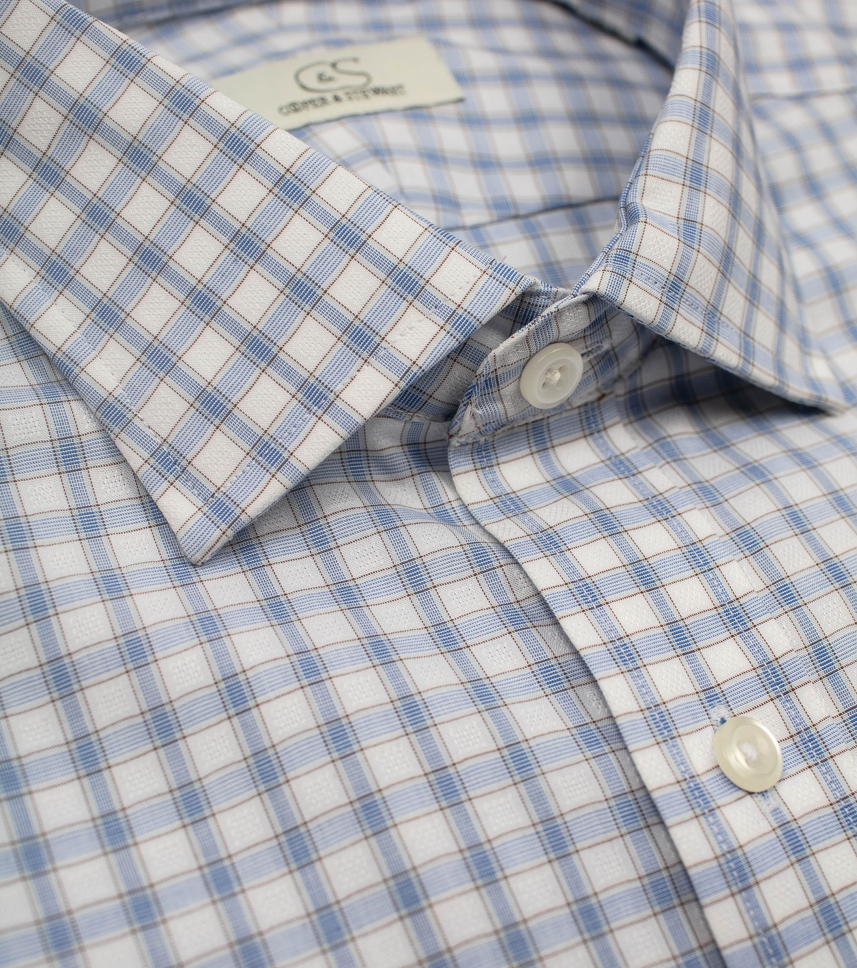 103 SC - White Ground w/Blue & Tan Check Cooper and Stewart 