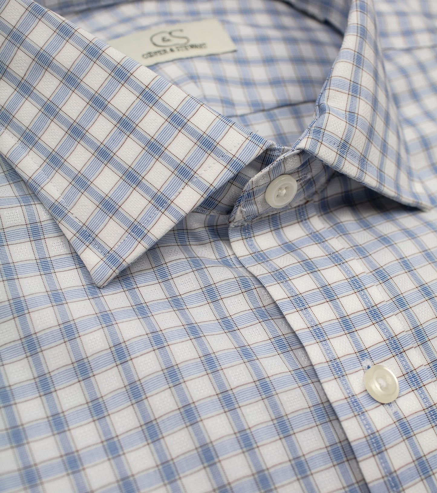 103 TF SC - White Ground w/Blue & Tan Check Tailored Fit Spread Collar Cooper and Stewart 