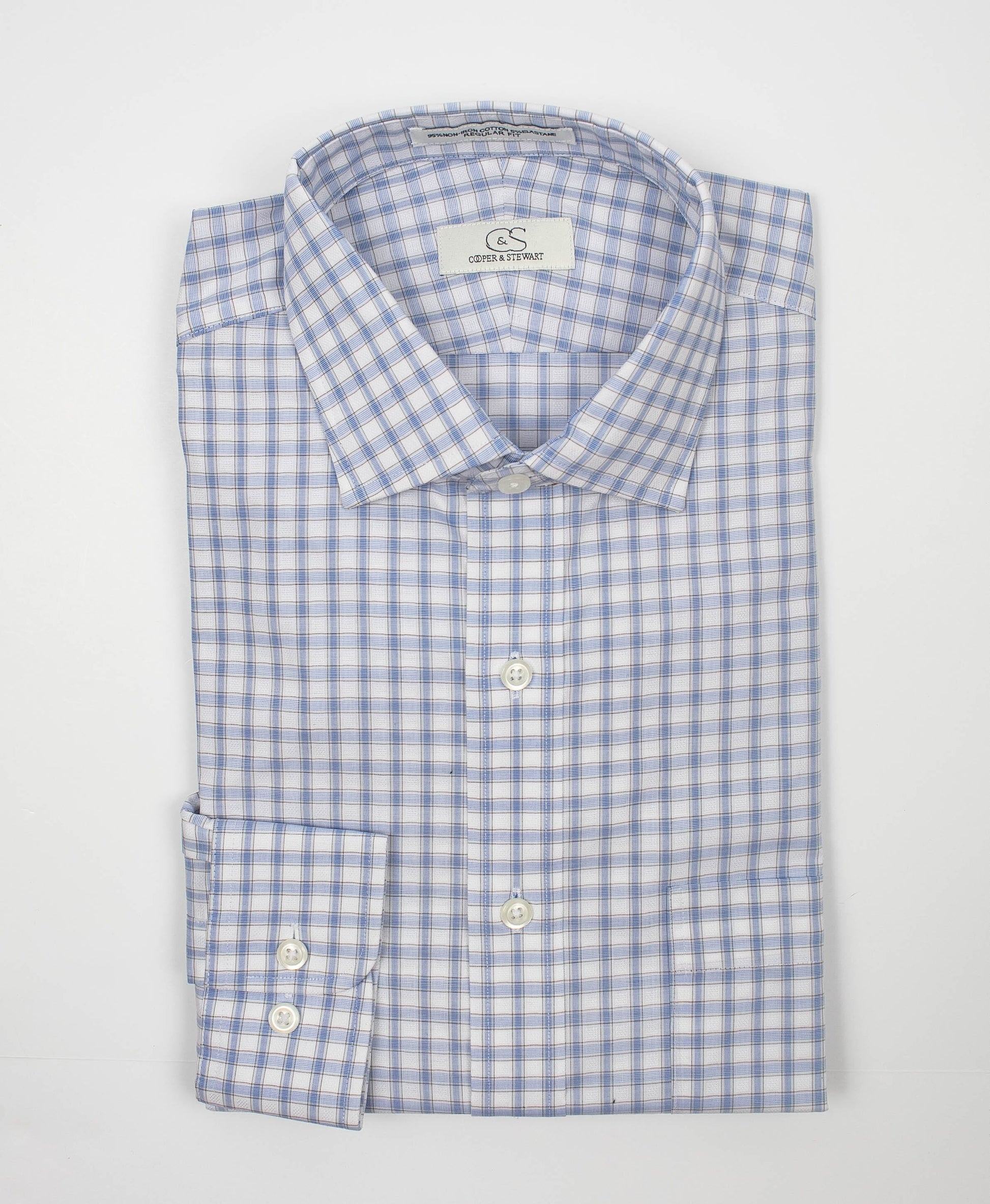 103 SC - White Ground w/Blue & Tan Check Cooper and Stewart 