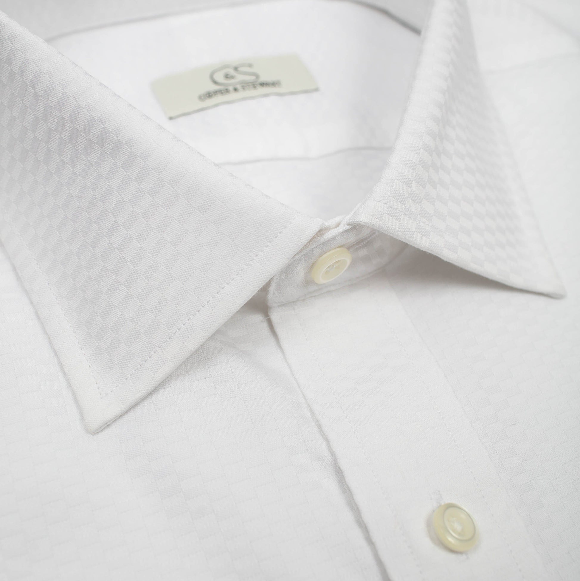 109 TF SC - White Tonal Tuxedo w/Pocket Tailored Fit Spread Collar Cooper and Stewart 