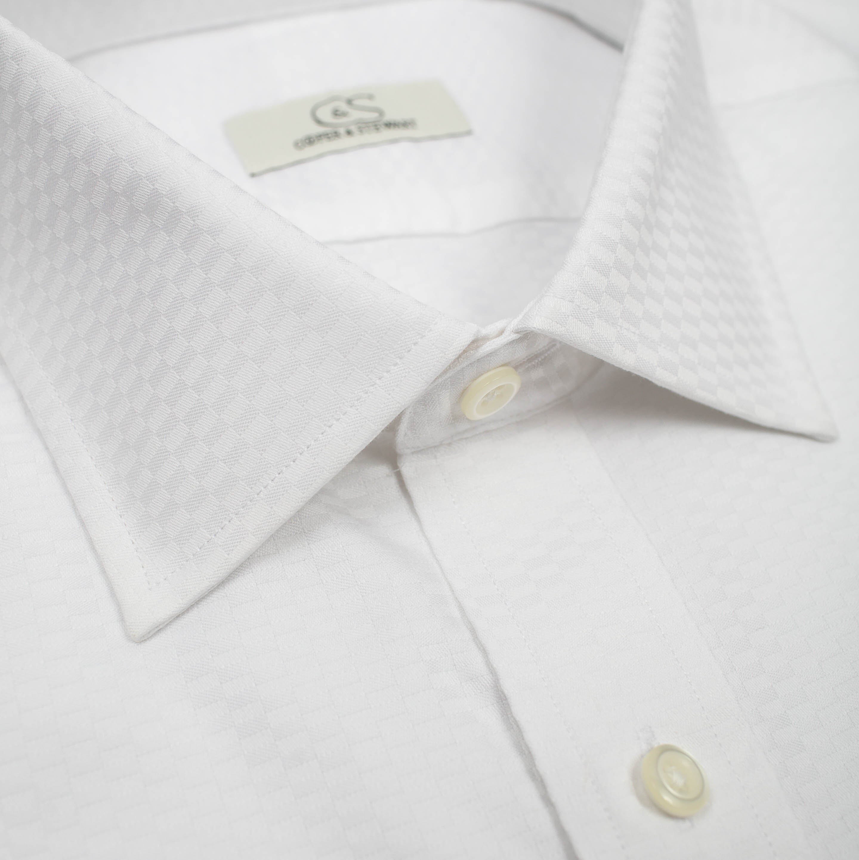 109 TF SC - White Tonal Tuxedo w/Pocket Tailored Fit Spread Collar Cooper and Stewart 