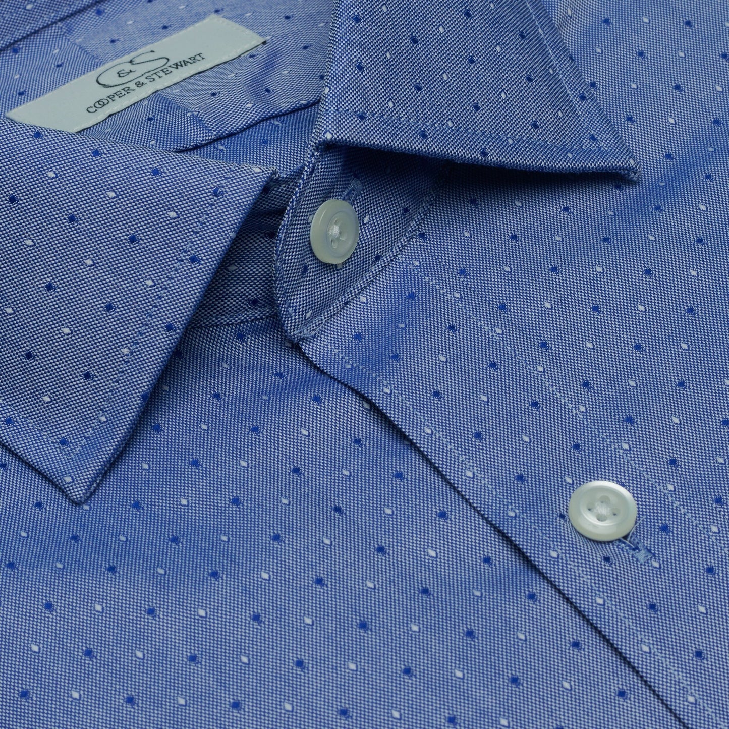 110 ZZ SF SC - Blue Dobby Clip Dot Slim Fit Spread Collar Cooper and Stewart 