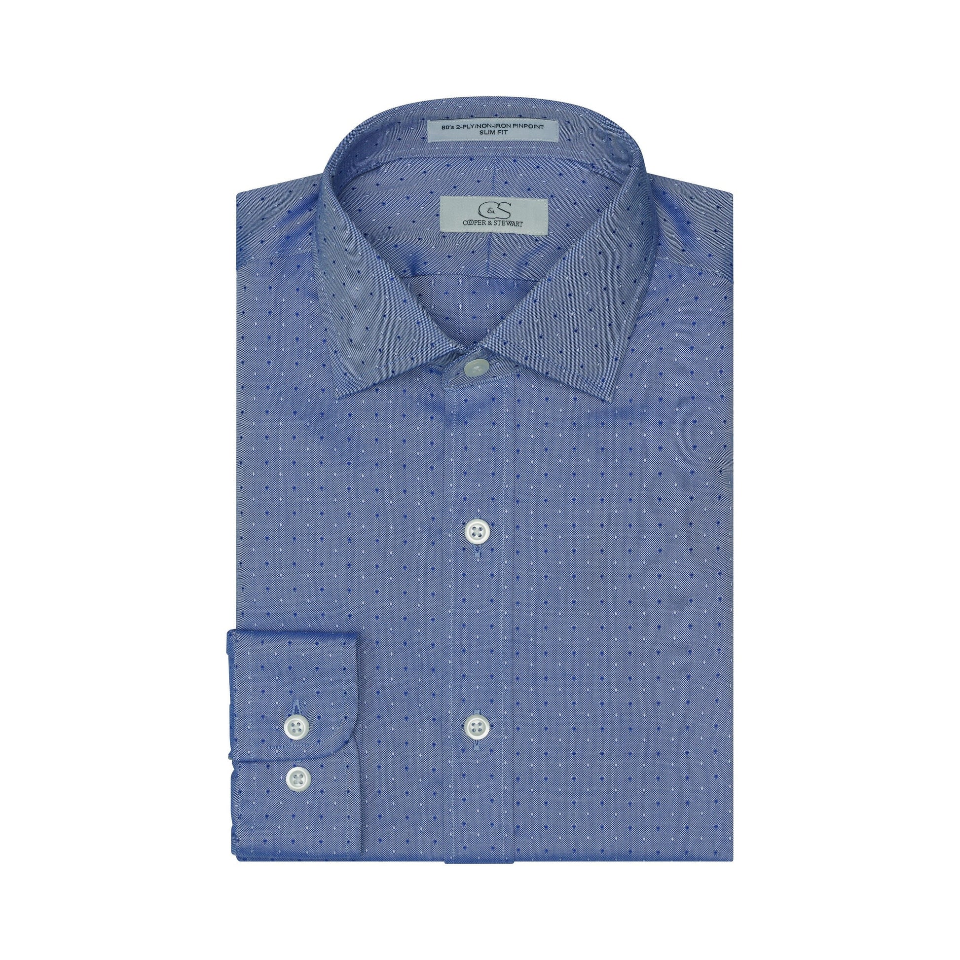 110 ZZ SF SC - Blue Dobby Clip Dot Slim Fit Spread Collar Cooper and Stewart 