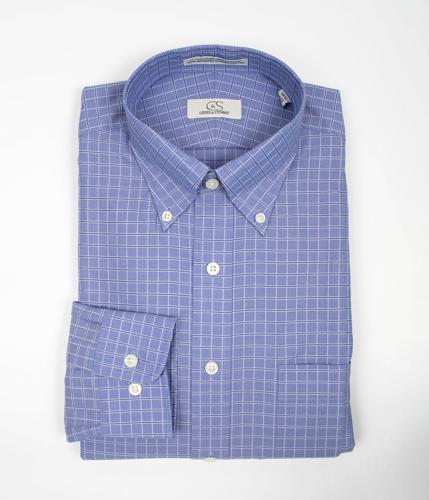 114 TF BD - Blue Satin Check Tailored Fit Button Down Collar Dress Shirt Cooper and Stewart 