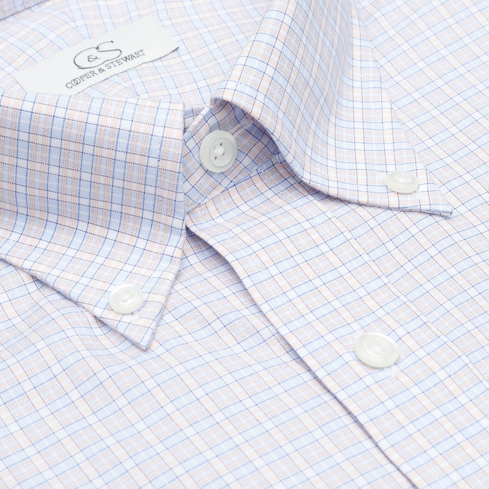 122 TF BD - Blue/Melon Dobby Check Tailored Fit Button Down Collar Cooper and Stewart 