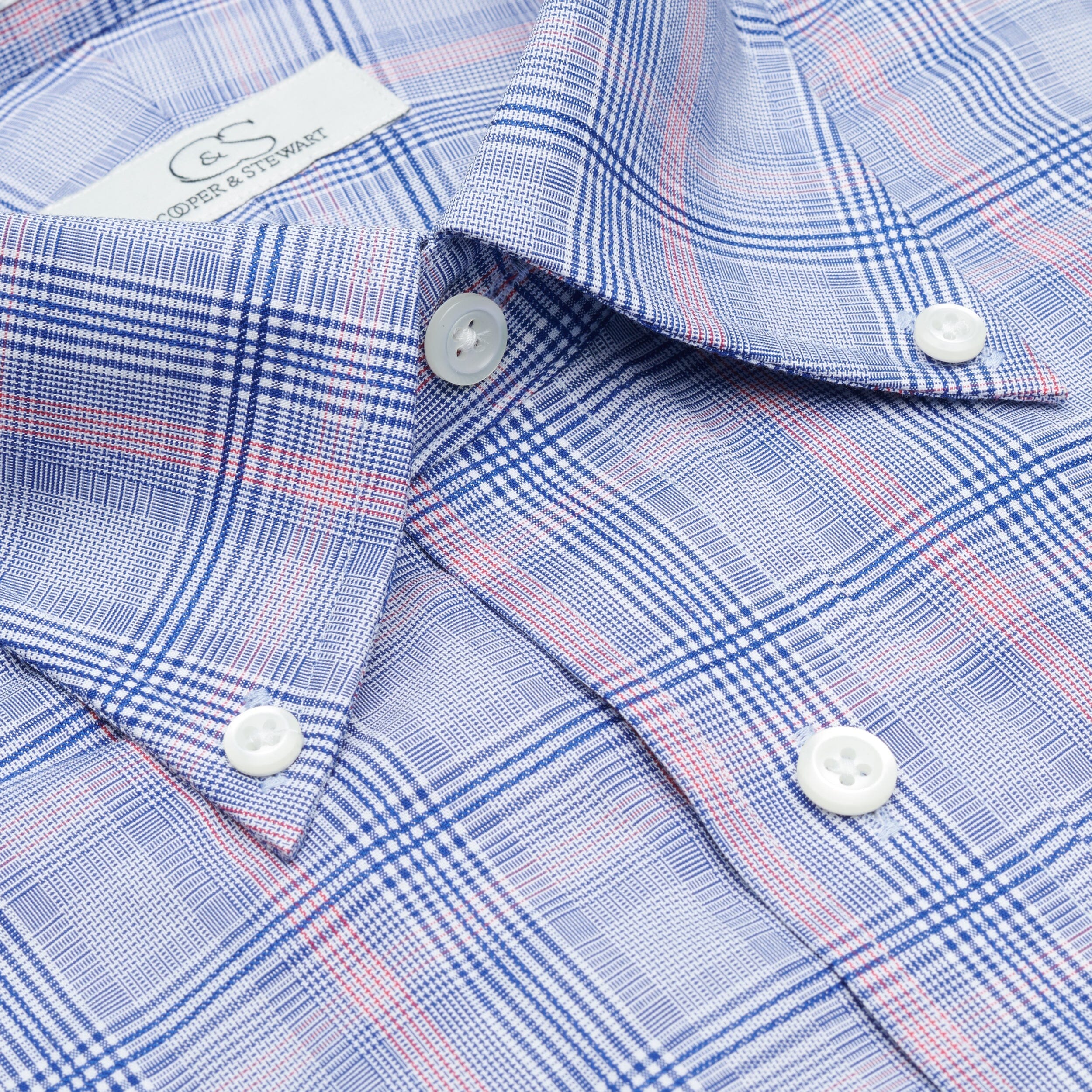 126 TF BD - Blue w/Coral Glen Plaid Tailored Fit Button Down Collar Cooper and Stewart 