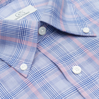 126 TF BD - Blue w/Coral Glen Plaid Tailored Fit Button Down Collar Cooper and Stewart 