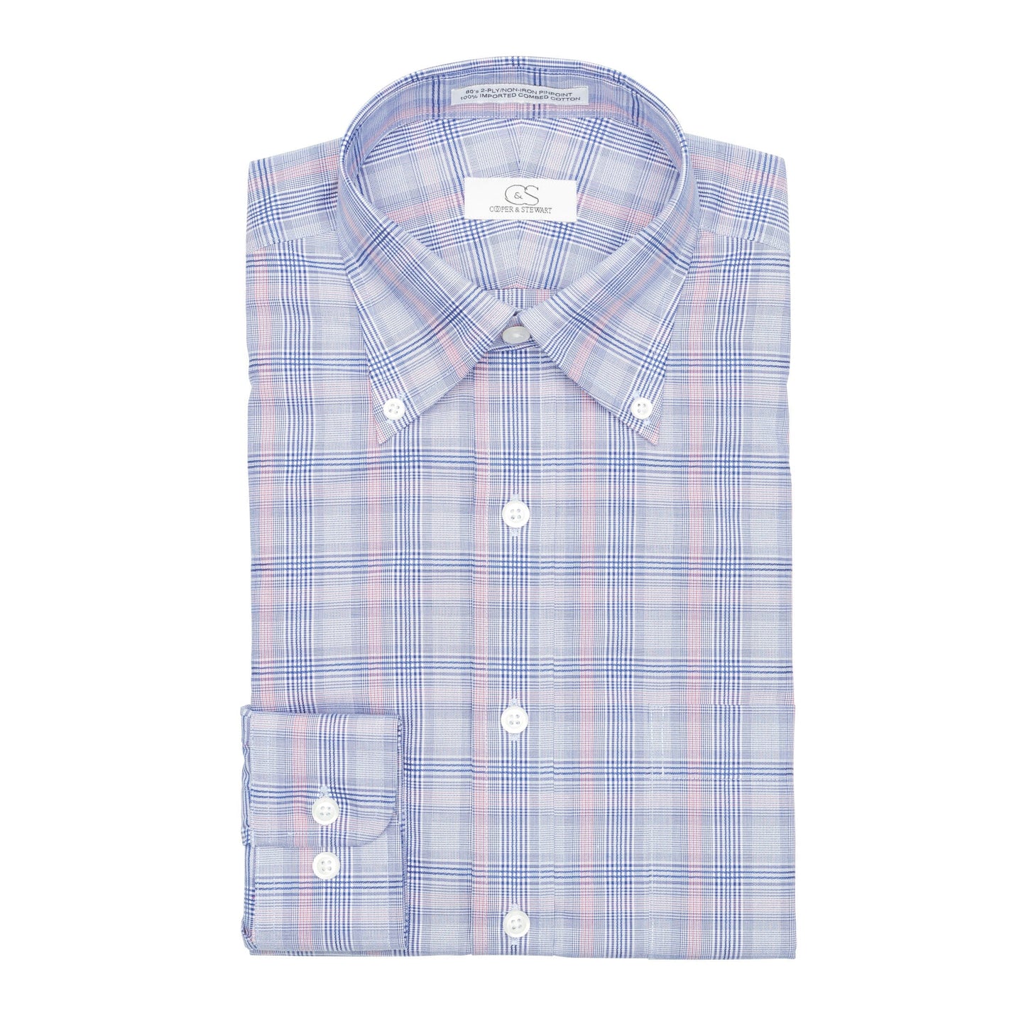126 TF BD - Blue w/Coral Glen Plaid Tailored Fit Button Down Collar Cooper and Stewart 