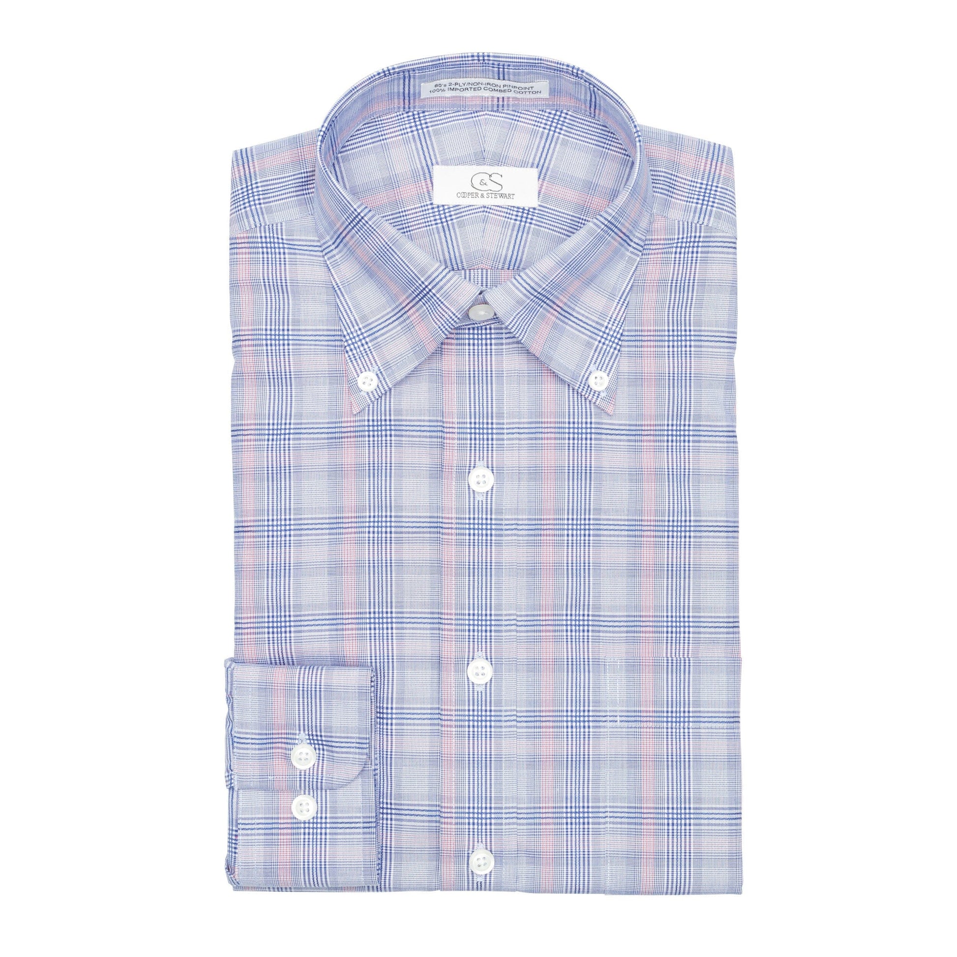 126 TF BD - Blue w/Coral Glen Plaid Tailored Fit Button Down Collar Cooper and Stewart 
