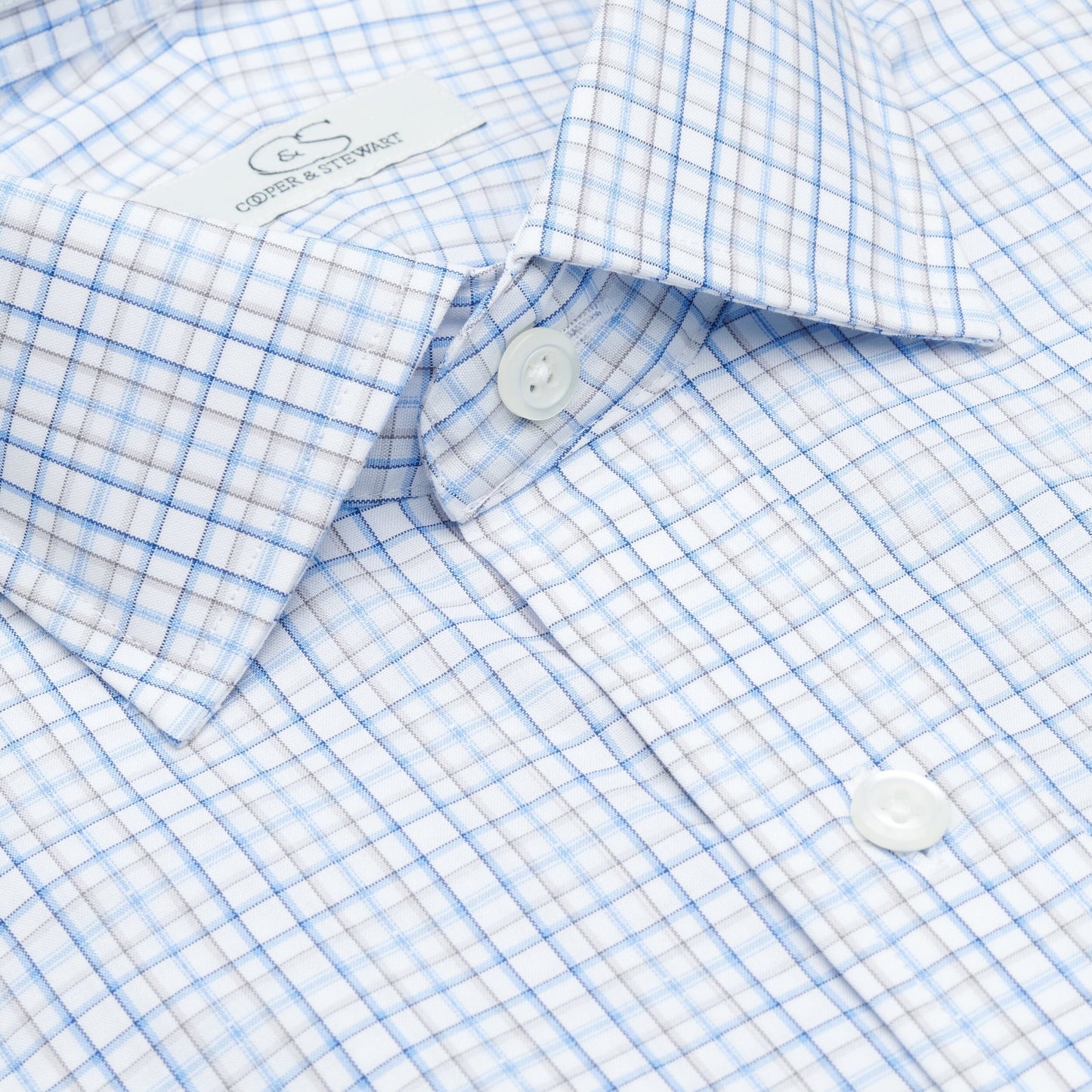 127 TF SC - White Ground Blue/Tan Plaid Tailored Fit Spread Collar Cooper and Stewart 