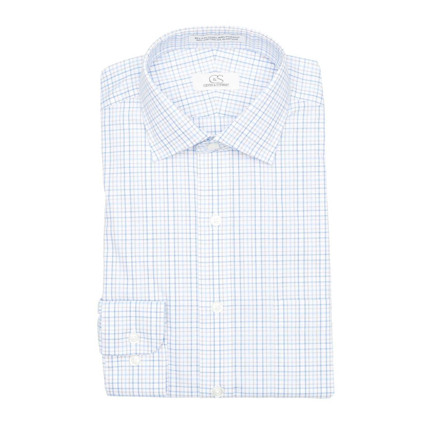 127 TF SC - White Ground Blue/Tan Plaid Tailored Fit Spread Collar Cooper and Stewart 