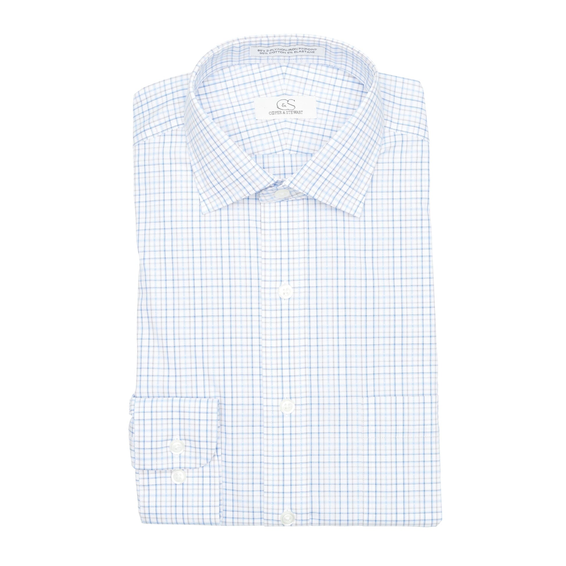 127 TF SC - White Ground Blue/Tan Plaid Tailored Fit Spread Collar Cooper and Stewart 