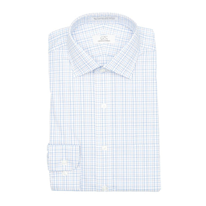 127 TF SC - White Ground Blue/Tan Plaid Tailored Fit Spread Collar Cooper and Stewart 