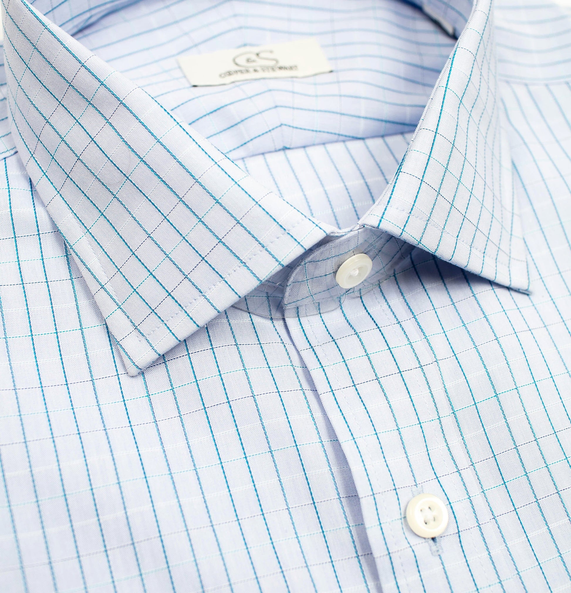 135 SC - Blue/Turquoise Satin Check Spread Collar Cooper and Stewart 