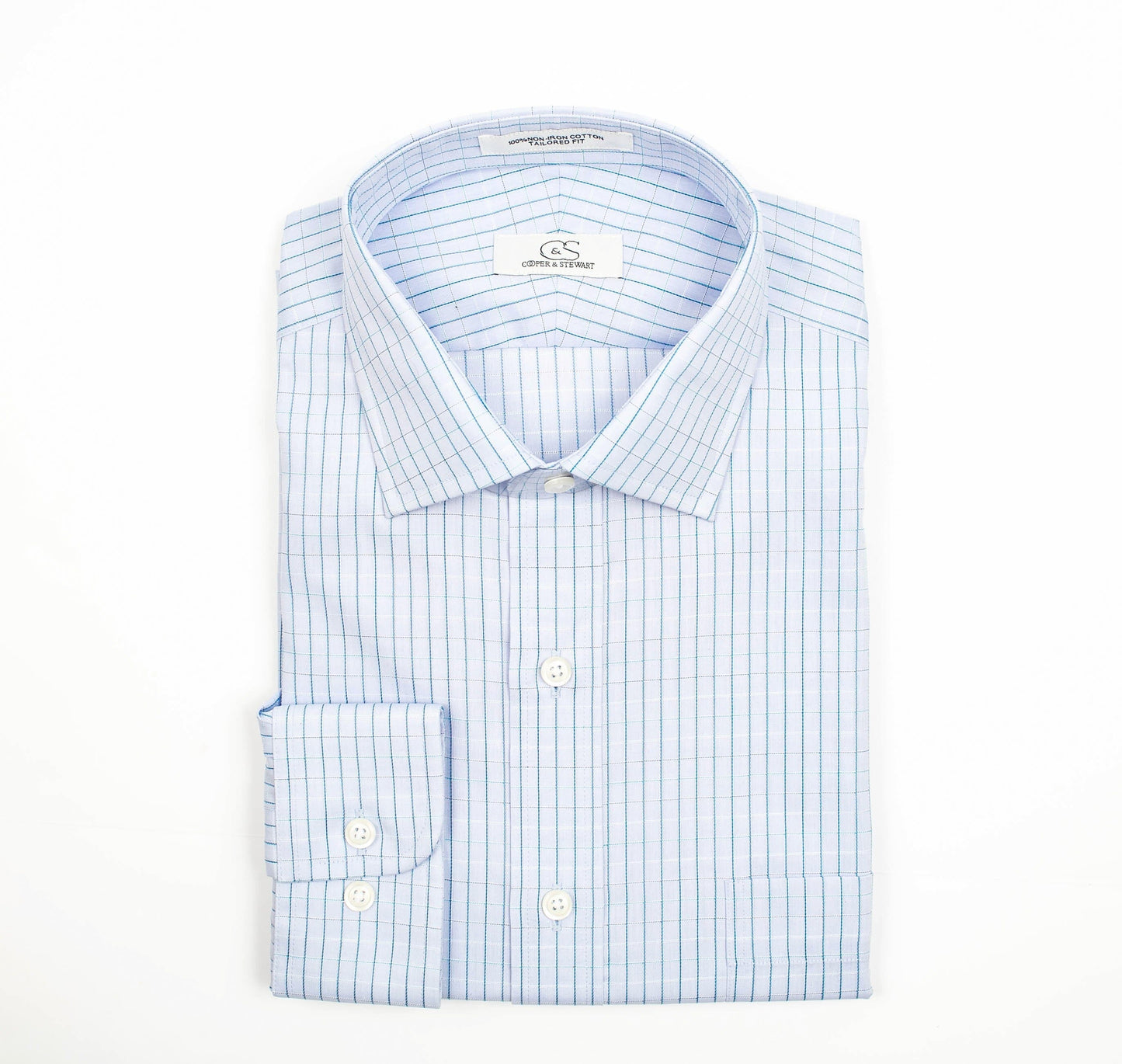 135 SC - Blue/Turquoise Satin Check Spread Collar Cooper and Stewart 