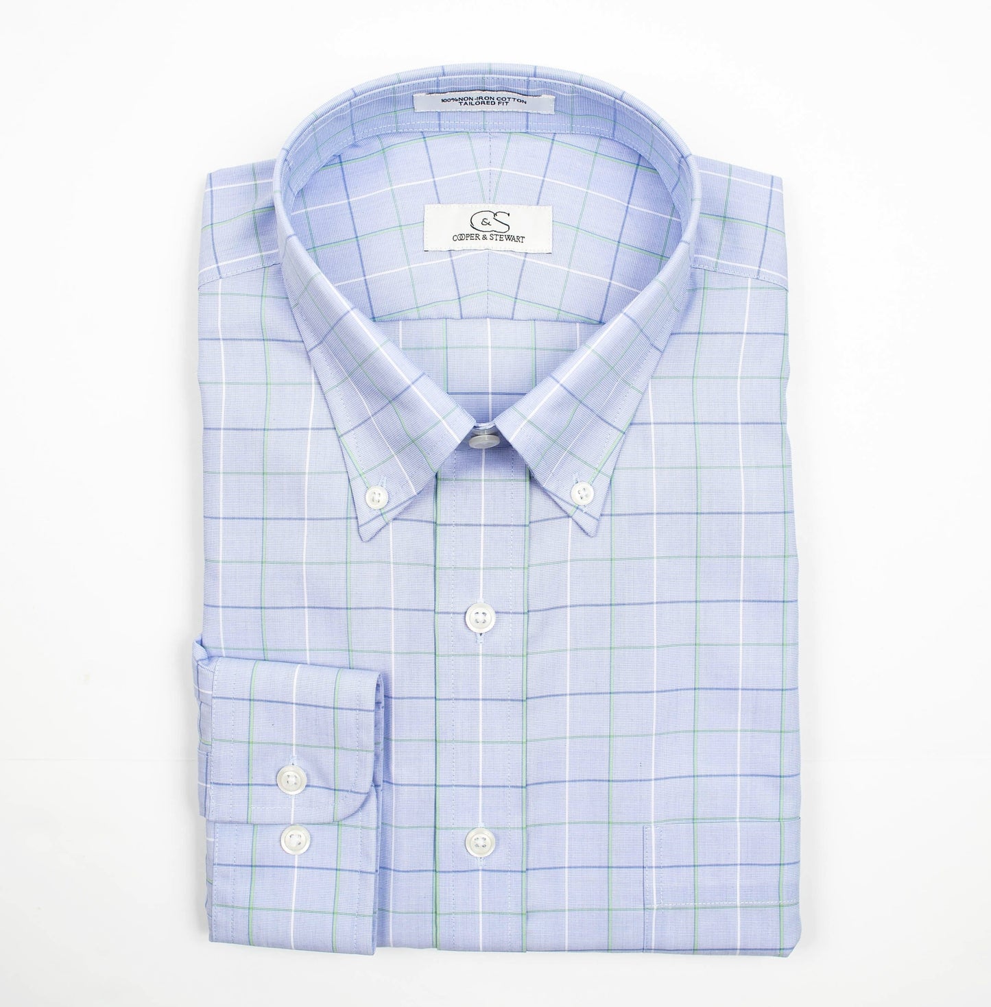 138 TF BD - Blue/Green Windowpane Tailored Fit Button Down Collar Cooper and Stewart 