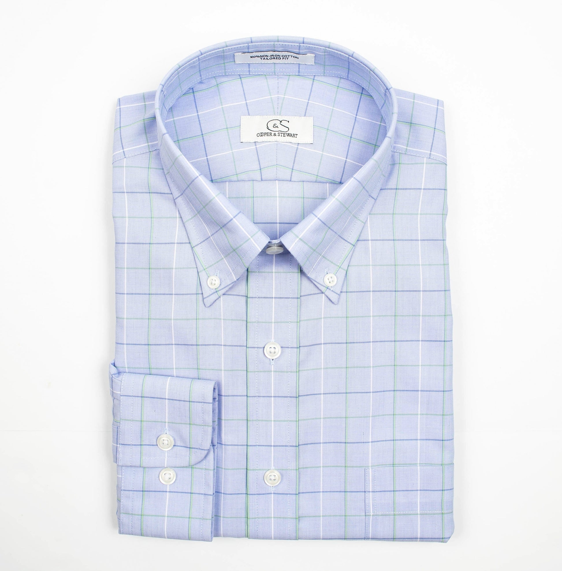 138 TF BD - Blue/Green Windowpane Tailored Fit Button Down Collar Cooper and Stewart 