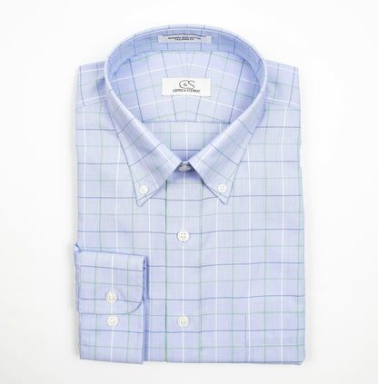 138 TF BD - Blue/Green Windowpane Tailored Fit Button Down Collar Cooper and Stewart 