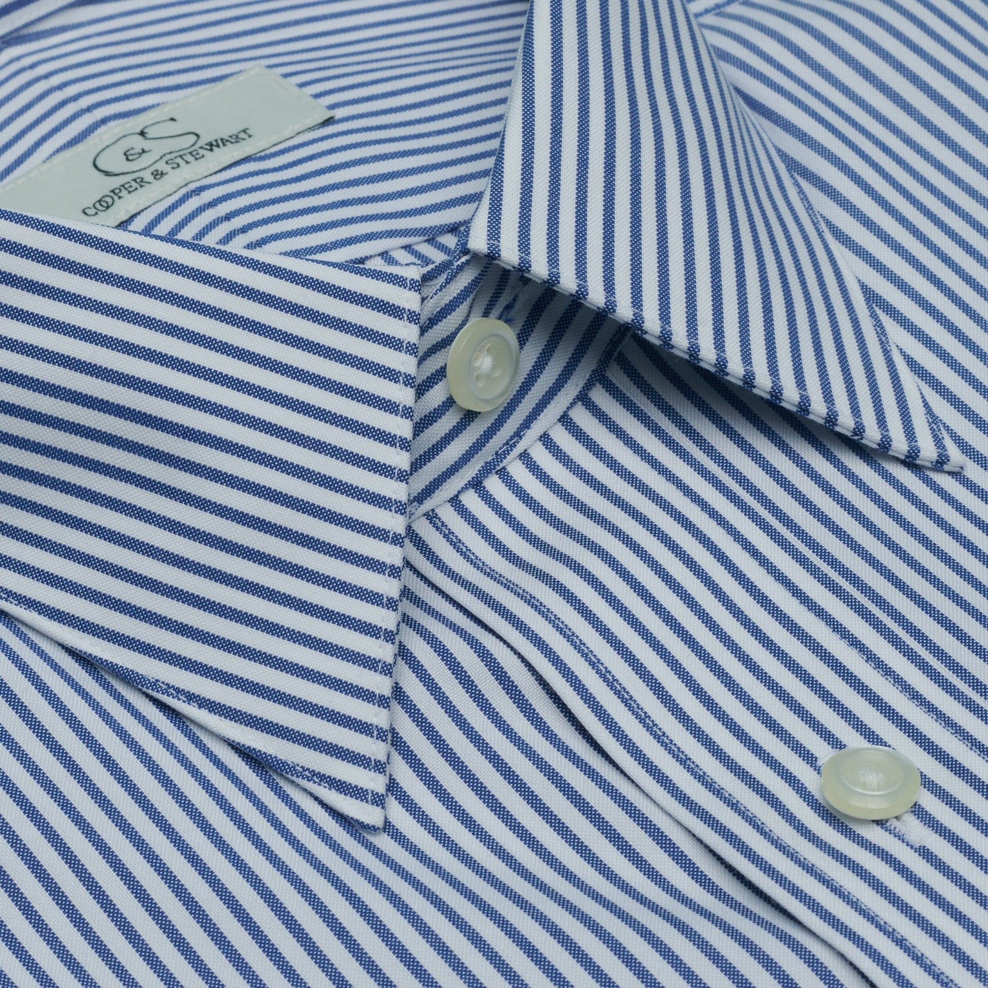076 TF SC - Blue Banker Stripe Tailored Fit Spread Collar Cooper and Stewart 