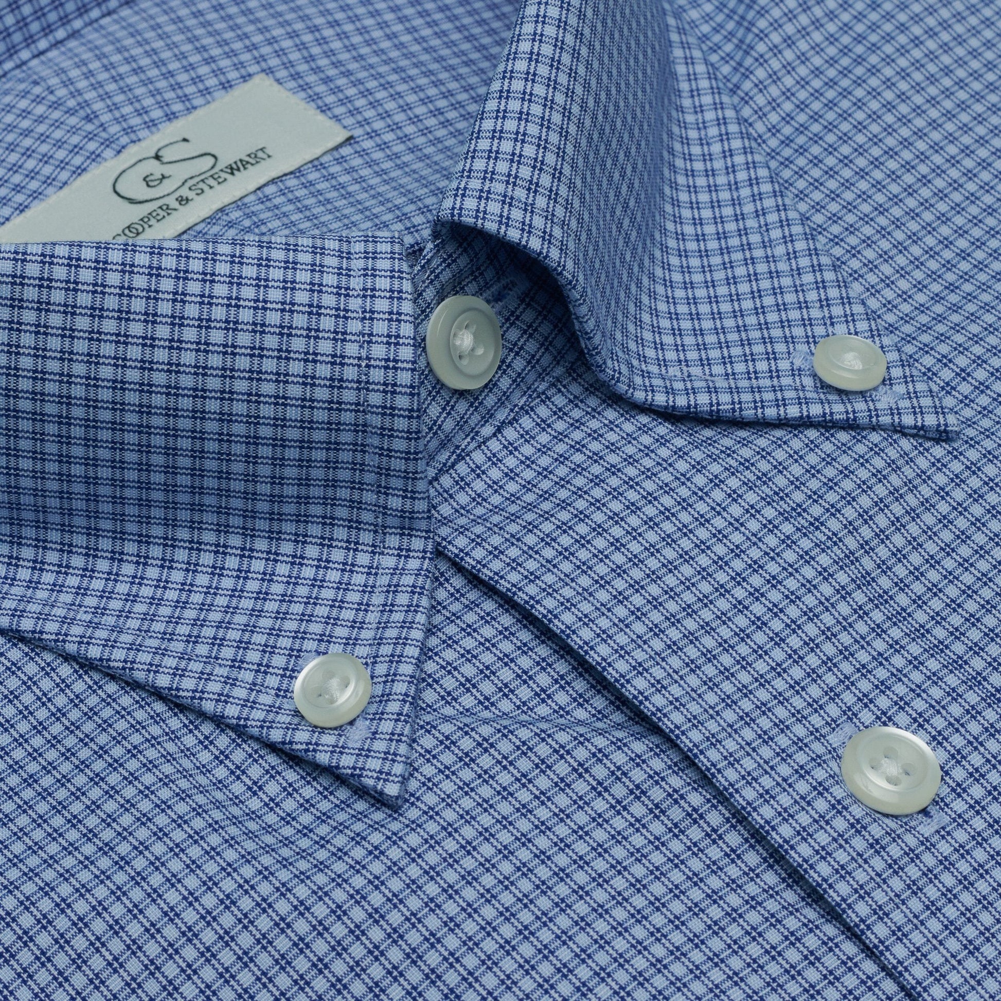 064 CP TF BD - Blue Double Line Check Tailored Fit Button Down Collar Dress Shirt Cooper and Stewart 