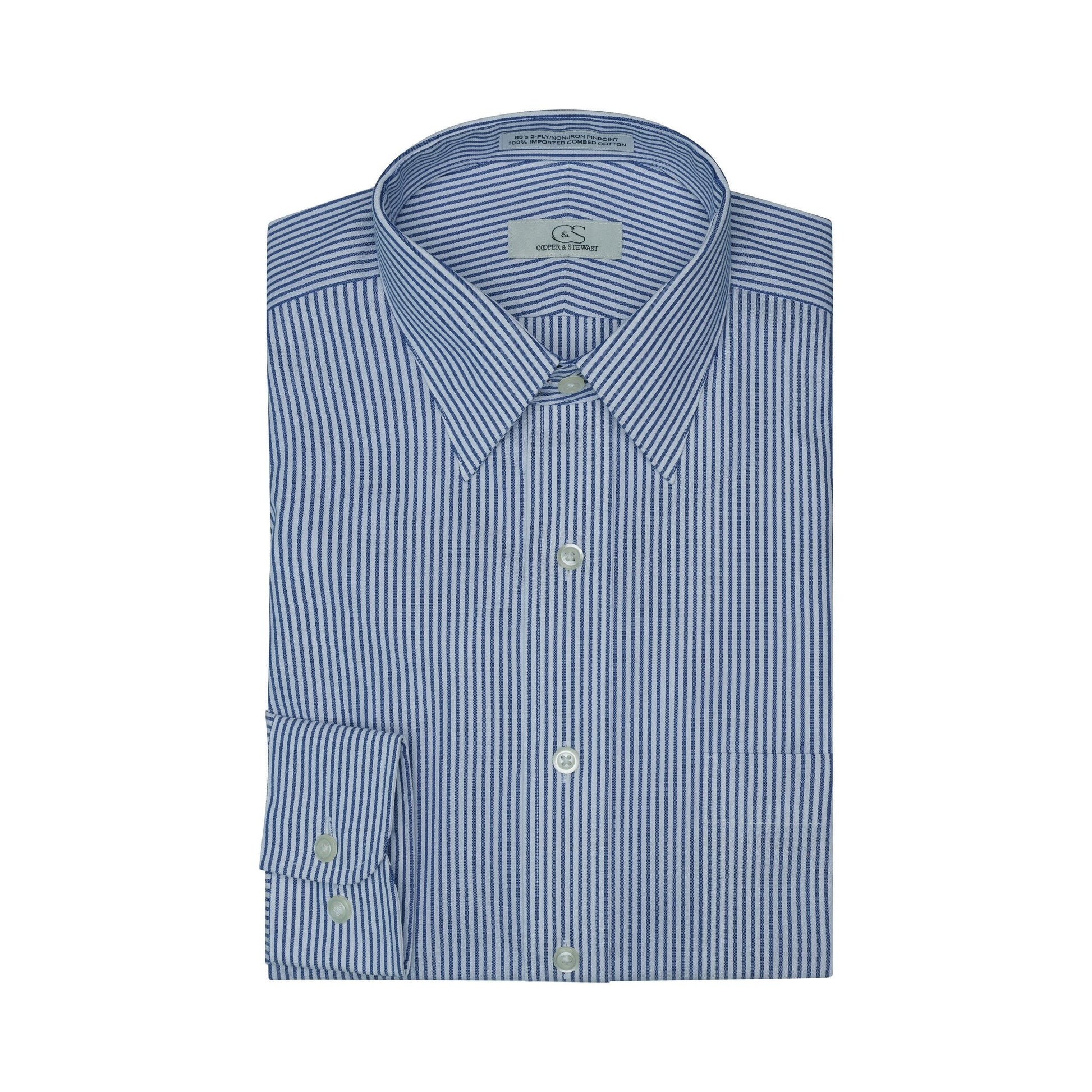 076 TF SC - Blue Banker Stripe Tailored Fit Spread Collar Cooper and Stewart 