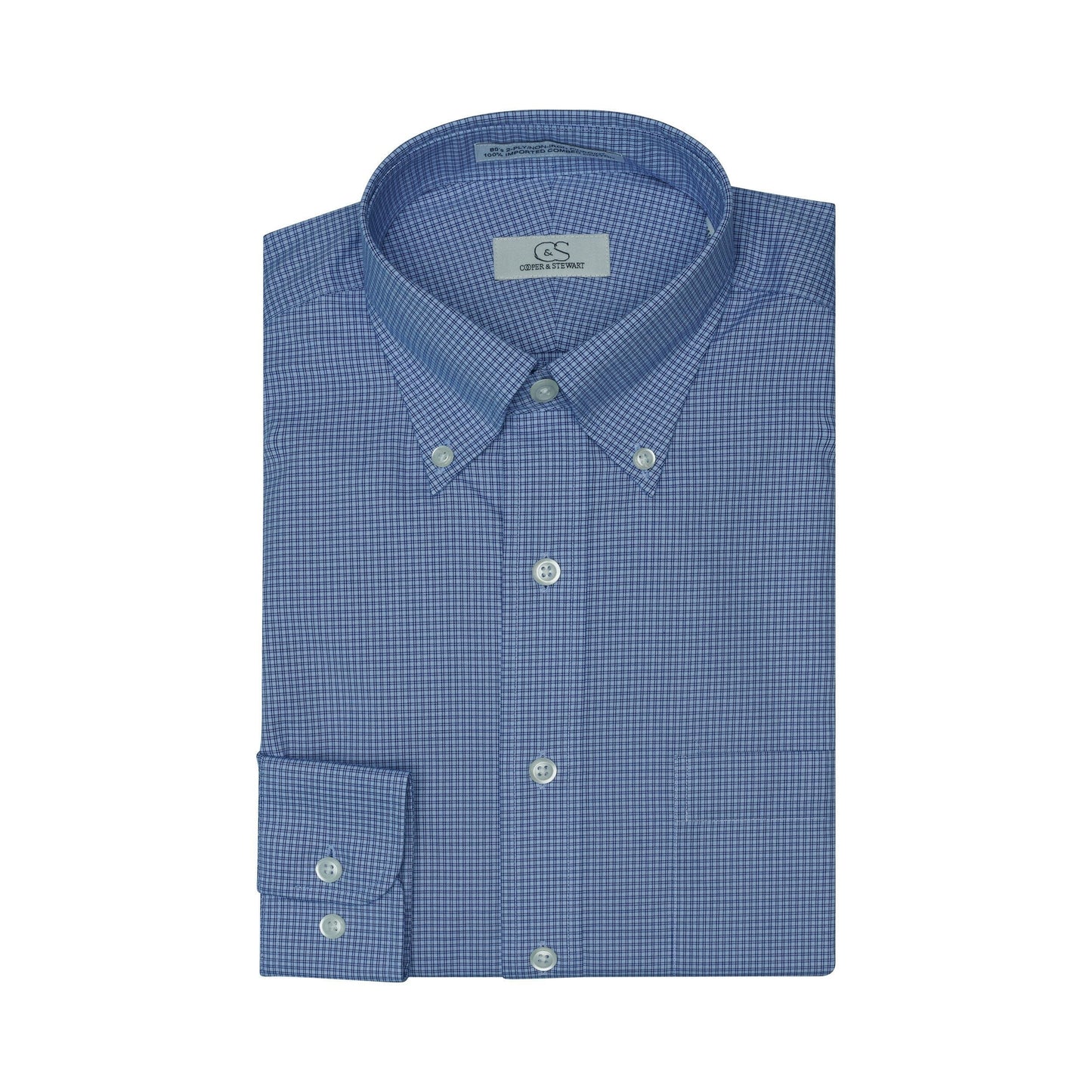 064 CP TF BD - Blue Double Line Check Tailored Fit Button Down Collar Dress Shirt Cooper and Stewart 