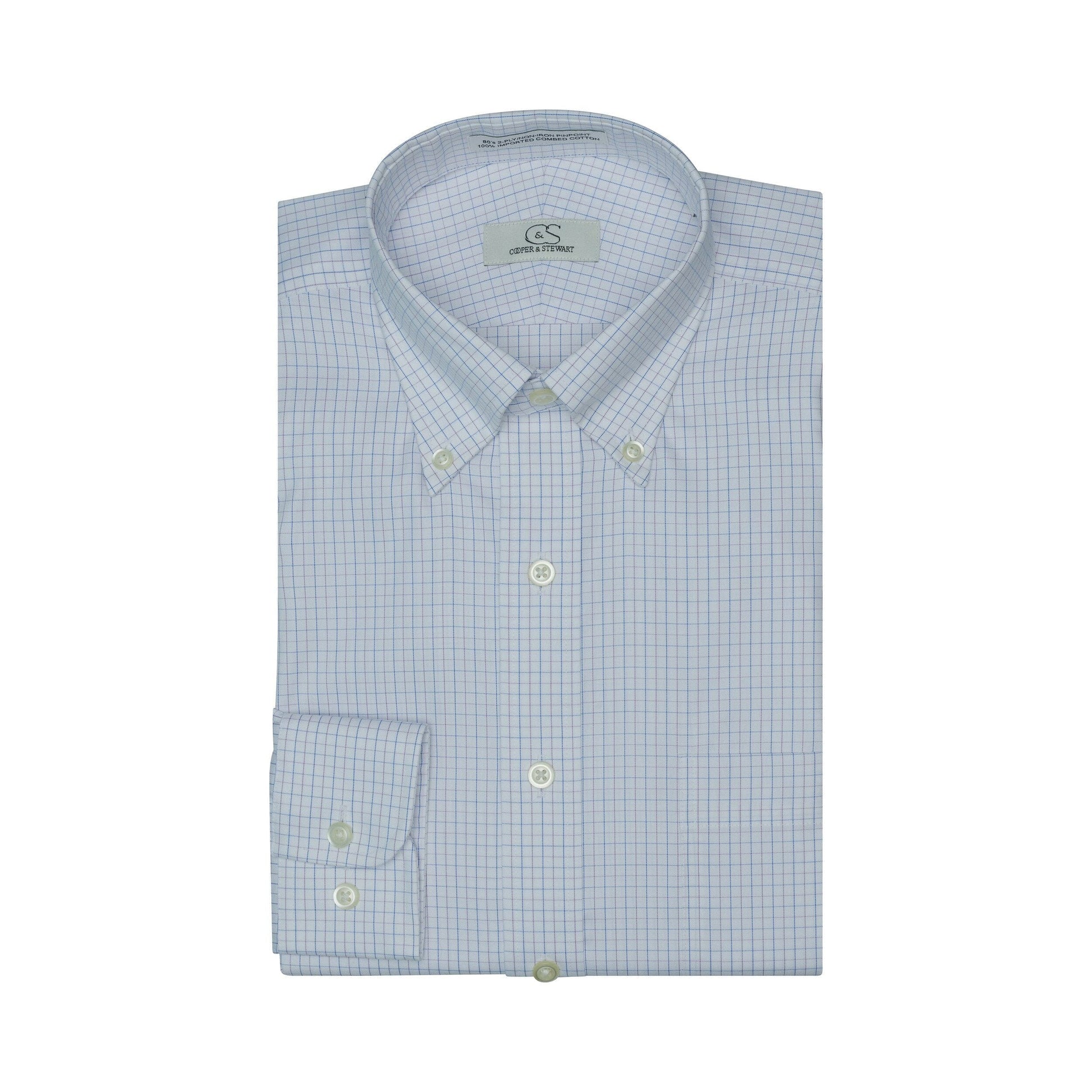 020 TF BD - Blue/Lavender Tattersall Tailored Fit Button Down Collar Cooper and Stewart 