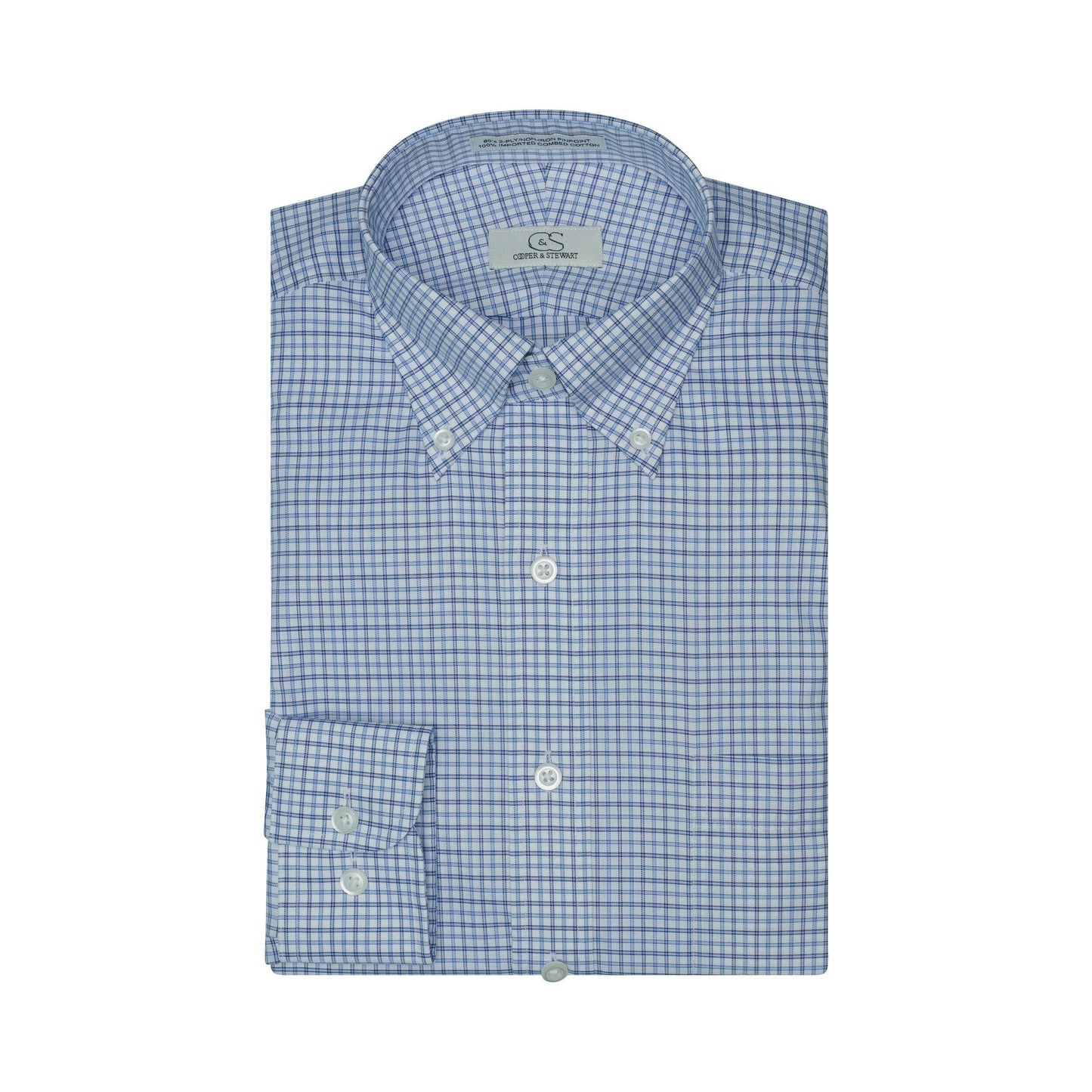 082 TF BD - White Ground Blue Plaid Tailored Fit Button Down Collar Cooper and Stewart 